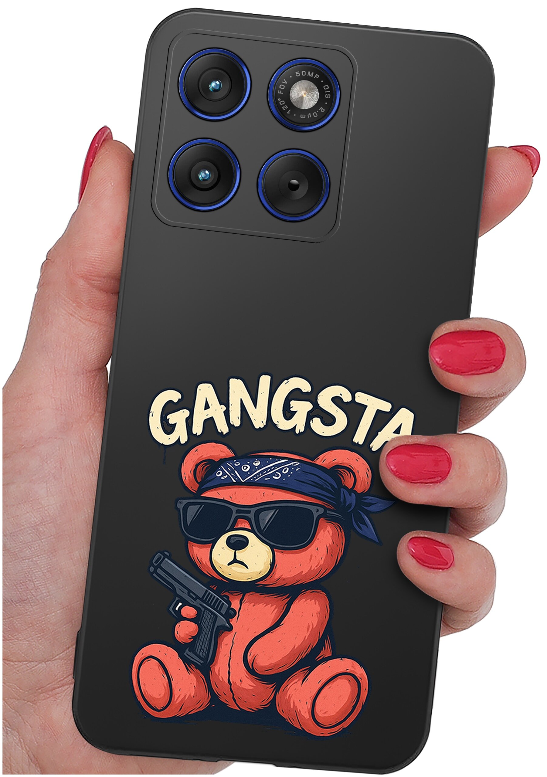 Etui na telefon z nadrukiem misia w okularach przeciwsłonecznych i bandanie, trzymającego pistolet, z napisem \'GANGSTA\'.