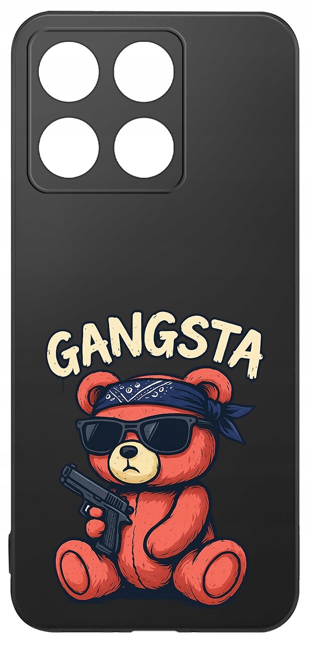 Czarne etui z nadrukiem misia w okularach przeciwsłonecznych, z bandaną na głowie i trzymającego pistolet. Nad misiem znajduje się napis \'GANGSTA\'.