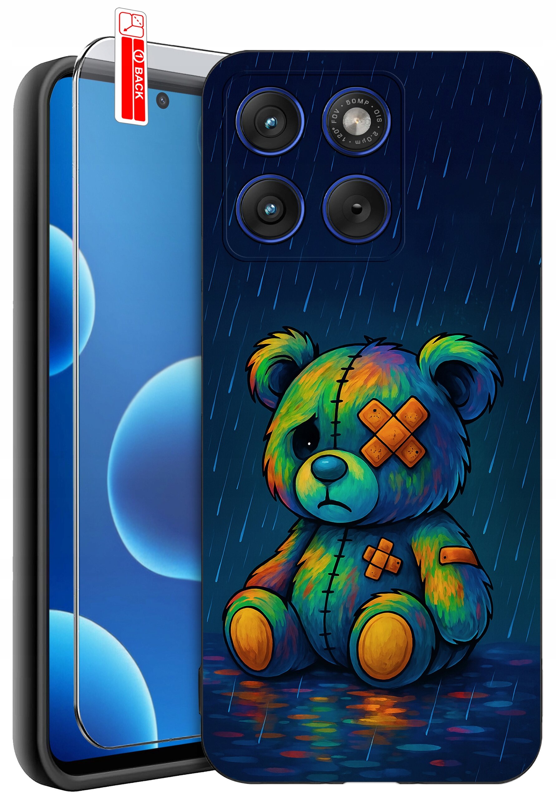 Etui na telefon z kolorowym wzorem misia z łatkami, obok widoczna jest ochrona ekranu z napisem \'BACK\'.