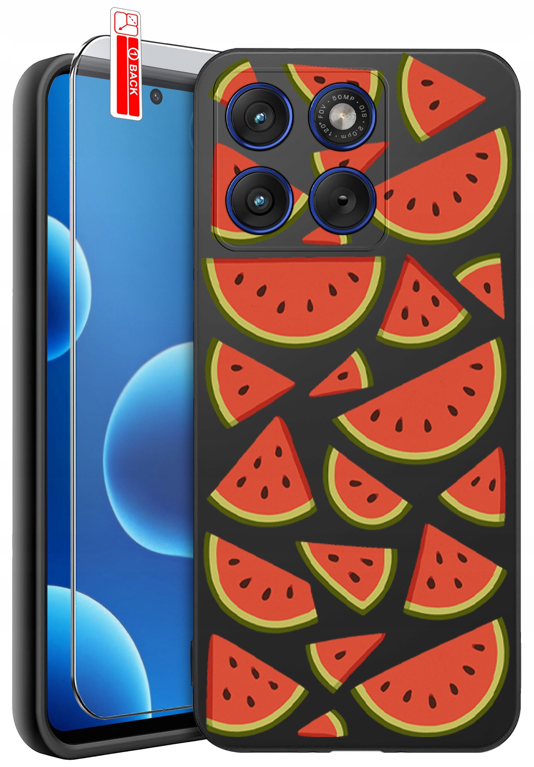 Etui na telefon z wzorem kawałków arbuza, obok którego znajduje się szkło ochronne z napisem \'BACK\'.