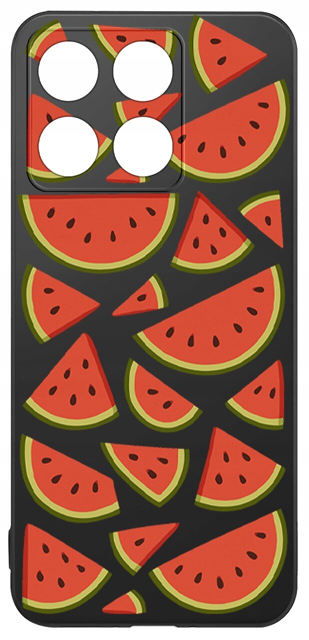 Etui na telefon z czarnym tłem ozdobione wzorem czerwonych kawałków arbuza z zieloną skórką. W górnej części widoczne są cztery okrągłe wycięcia na aparat.