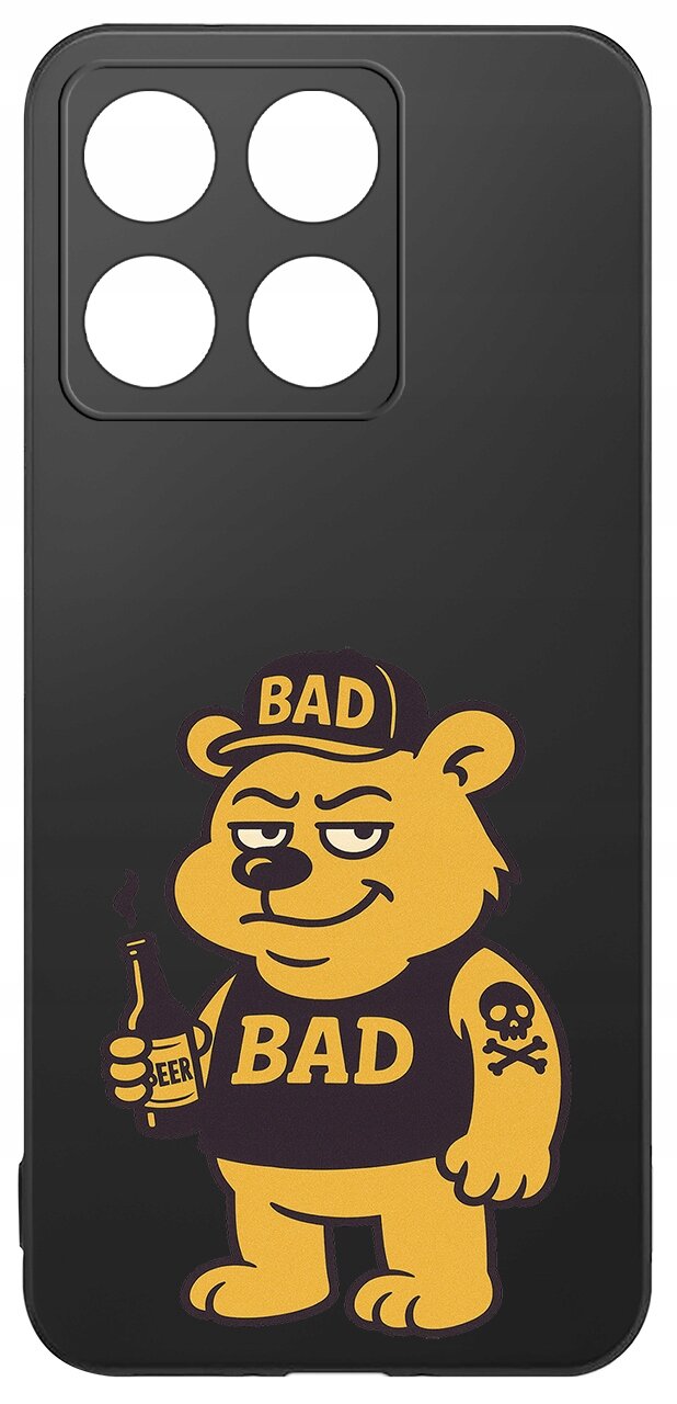 Czarne etui z nadrukiem żółtego misia w czapce z napisem \'BAD\', trzymającego butelkę z napisem \'BEER\'.