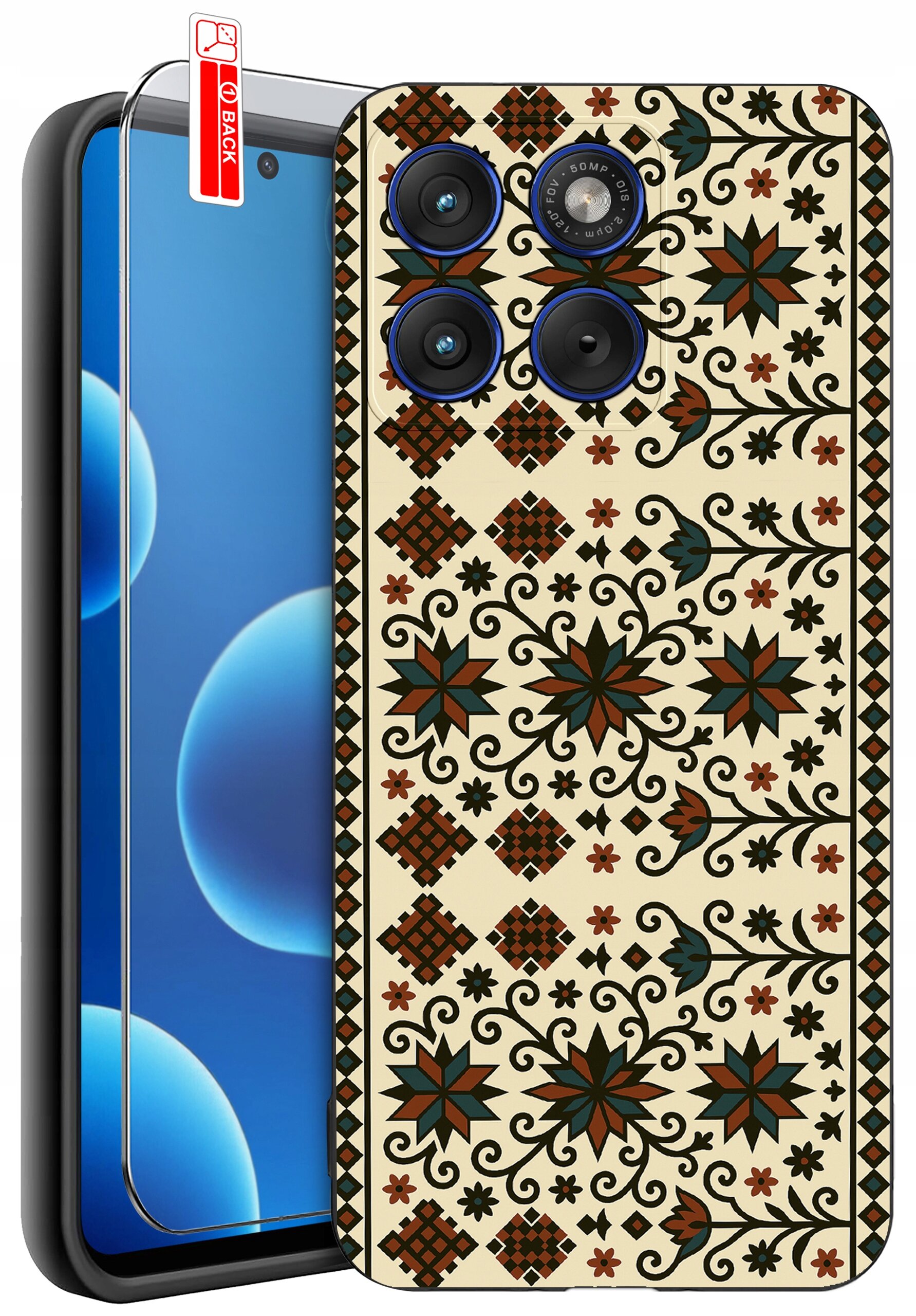Etui na telefon z wzorem w stylu etnicznym, z motywami kwiatowymi i geometrycznymi w kolorach brązu i zieleni. Obok etui znajduje się szkło ochronne z oznaczeniem \'BACK\'.