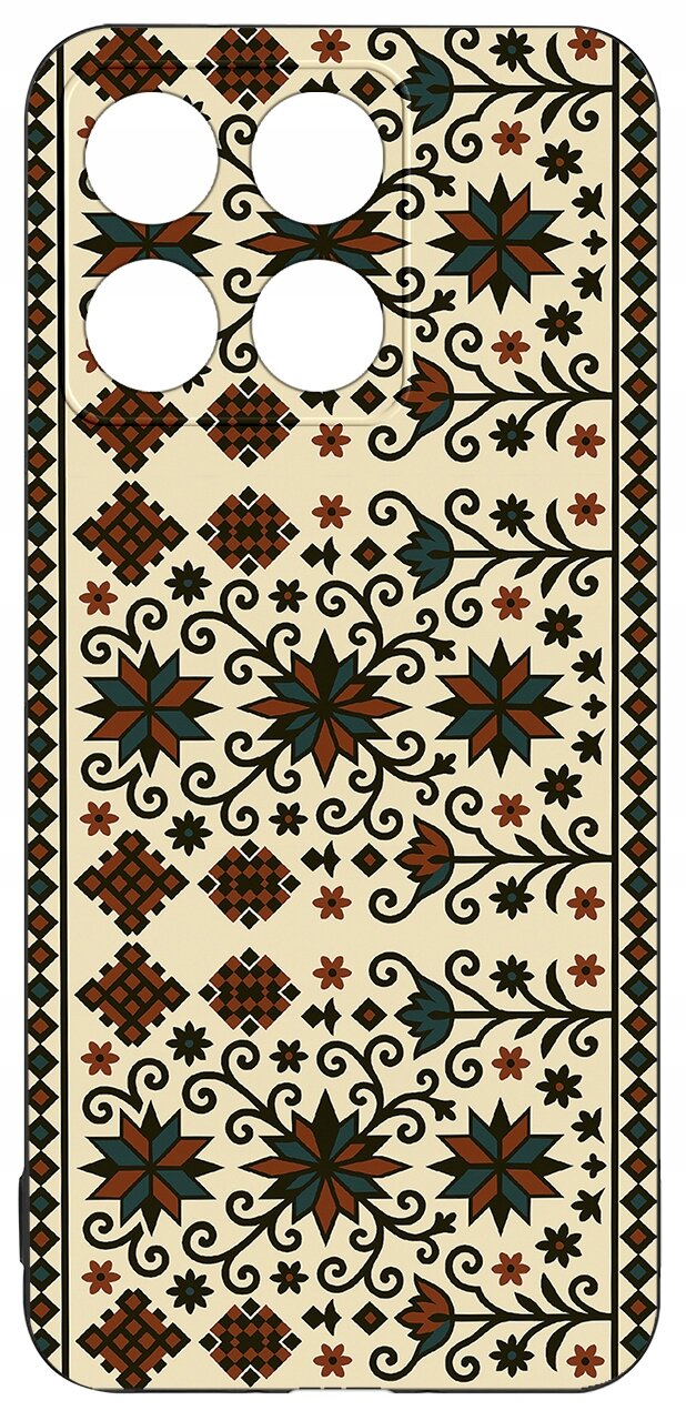 Etui na telefon z wzorem w stylu folkowym, zawierającym geometryczne i kwiatowe motywy w kolorach czarnym, brązowym i zielonym na beżowym tle. Etui ma cztery otwory na aparaty fotograficzne.
