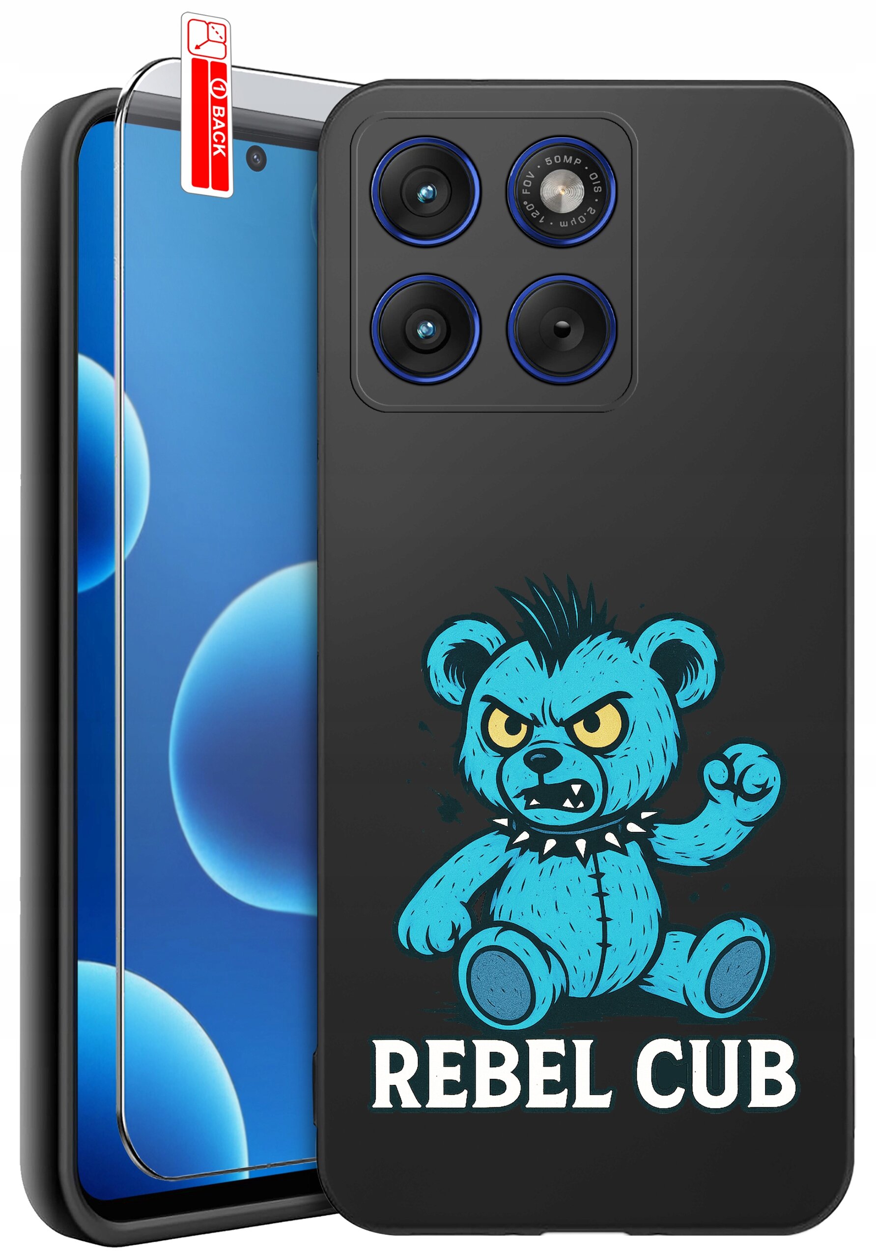 Obraz przedstawia silikonowe etui na telefon z grafiką niebieskiego misia z kolcami i napisem \'REBEL CUB\'. Obok etui znajduje się szkło ochronne z oznaczeniem \'BACK\'.