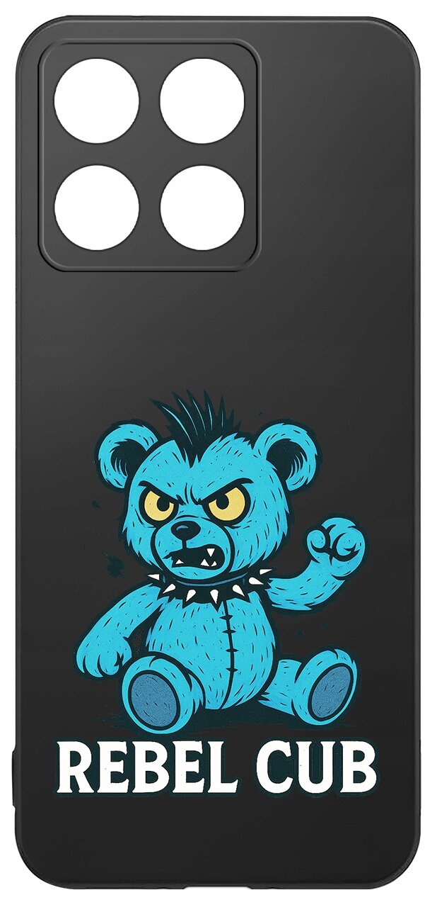 Czarne etui z nadrukiem niebieskiego misia o groźnym wyrazie twarzy i napisem \'REBEL CUB\' na dole.