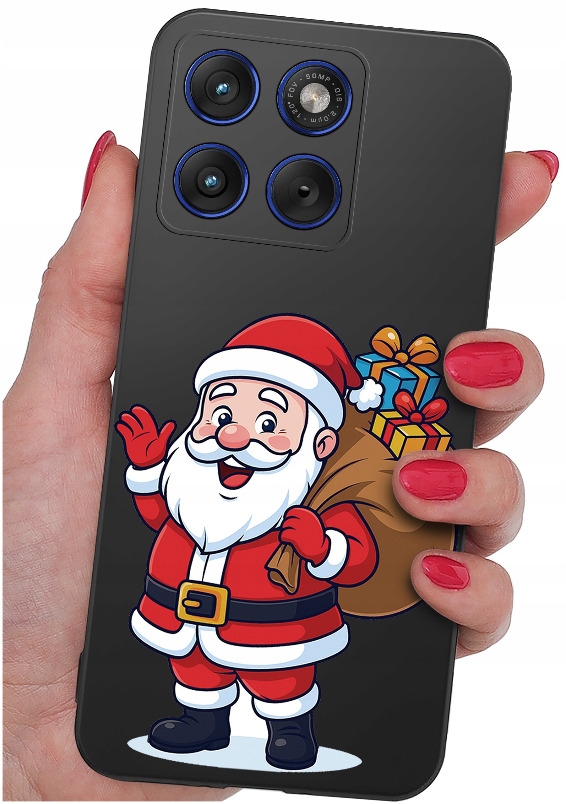 Etui na telefon z grafiką przedstawiającą postać Świętego Mikołaja z workiem prezentów. Etui jest trzymane w dłoni z pomalowanymi na czerwono paznokciami.