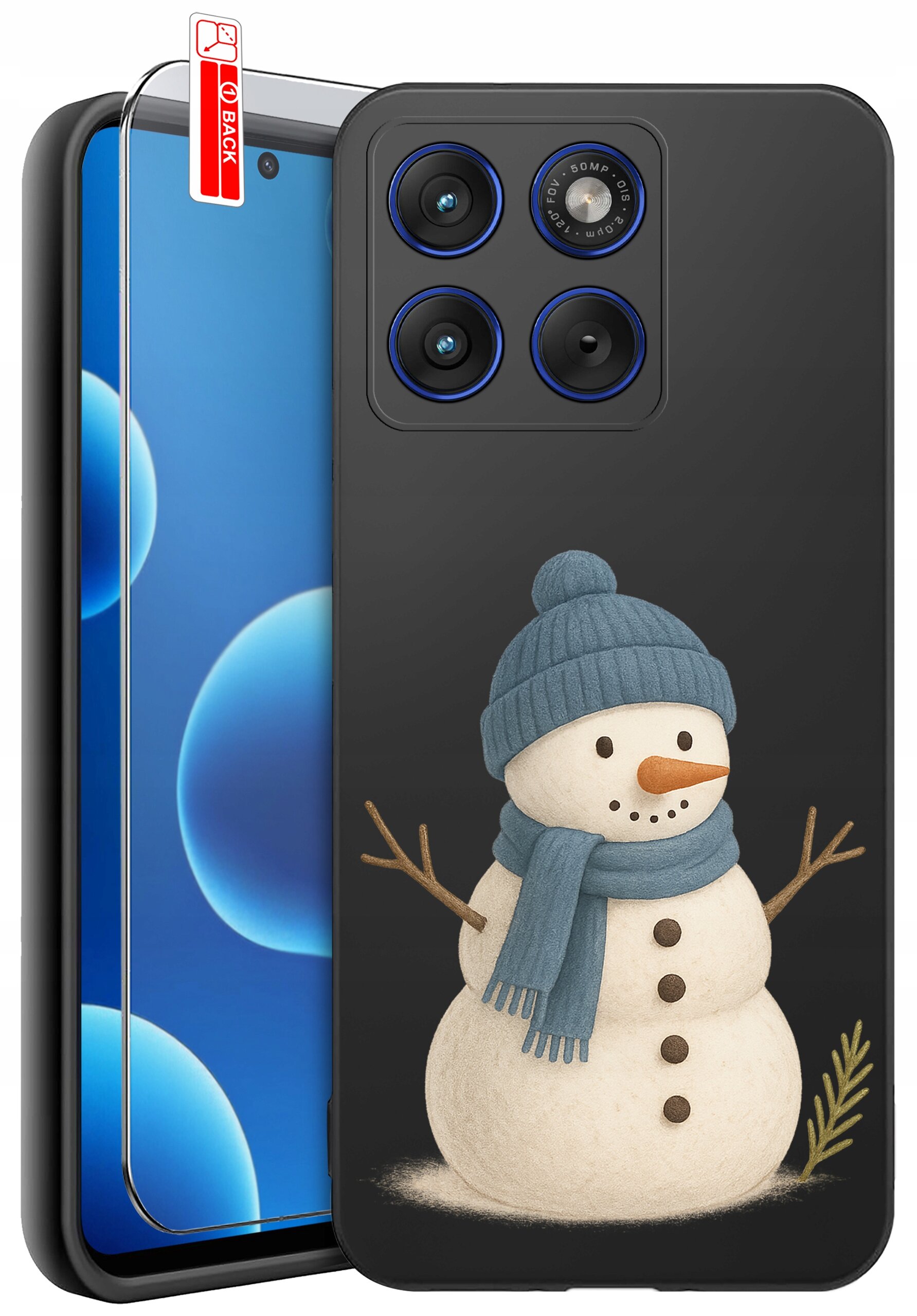 Etui na telefon z nadrukiem bałwana w niebieskiej czapce i szaliku, z trzema aparatami fotograficznymi. Obok znajduje się szkło ochronne z napisem \'BACK\'.