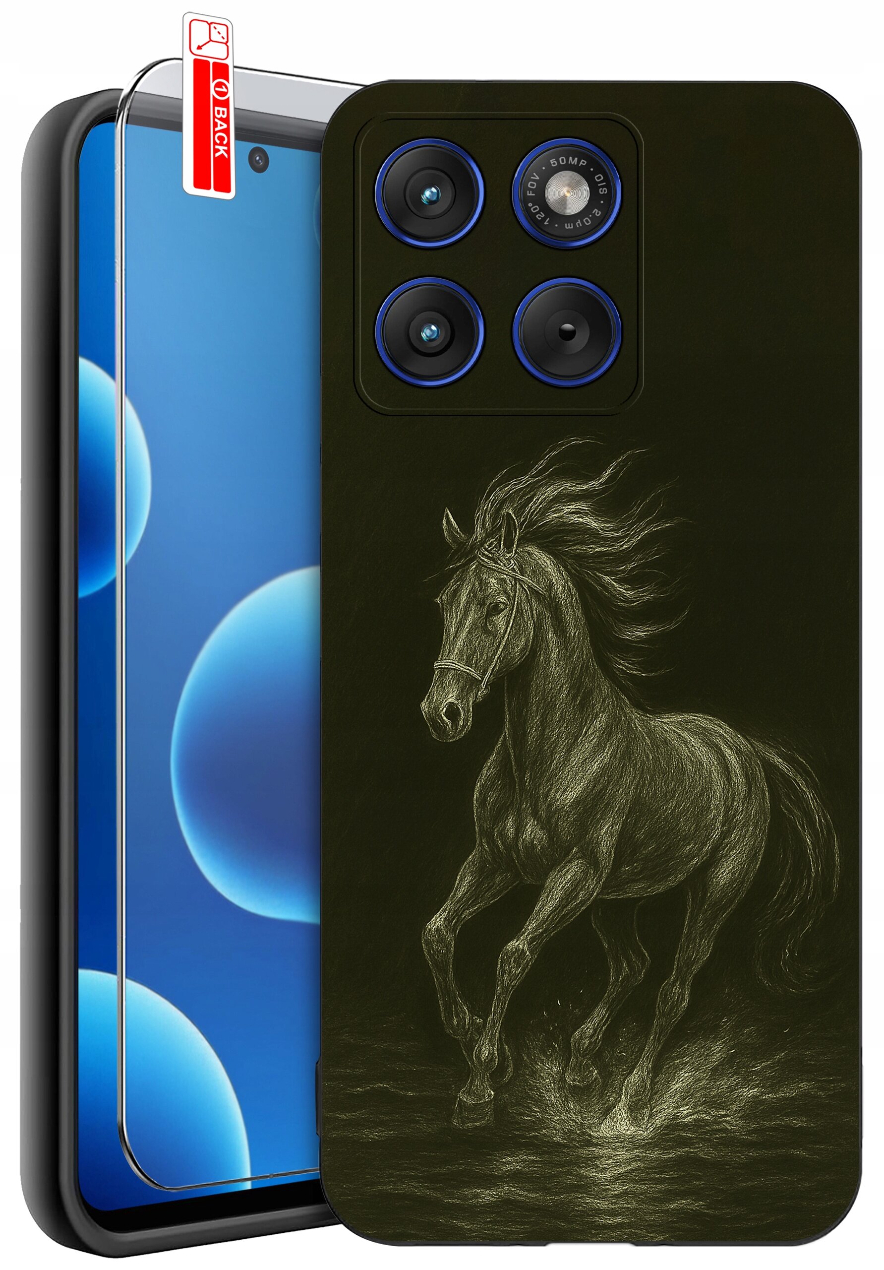Obraz przedstawia silikonowe etui na telefon z rysunkiem konia oraz szkło ochronne z napisem \'BACK\'.