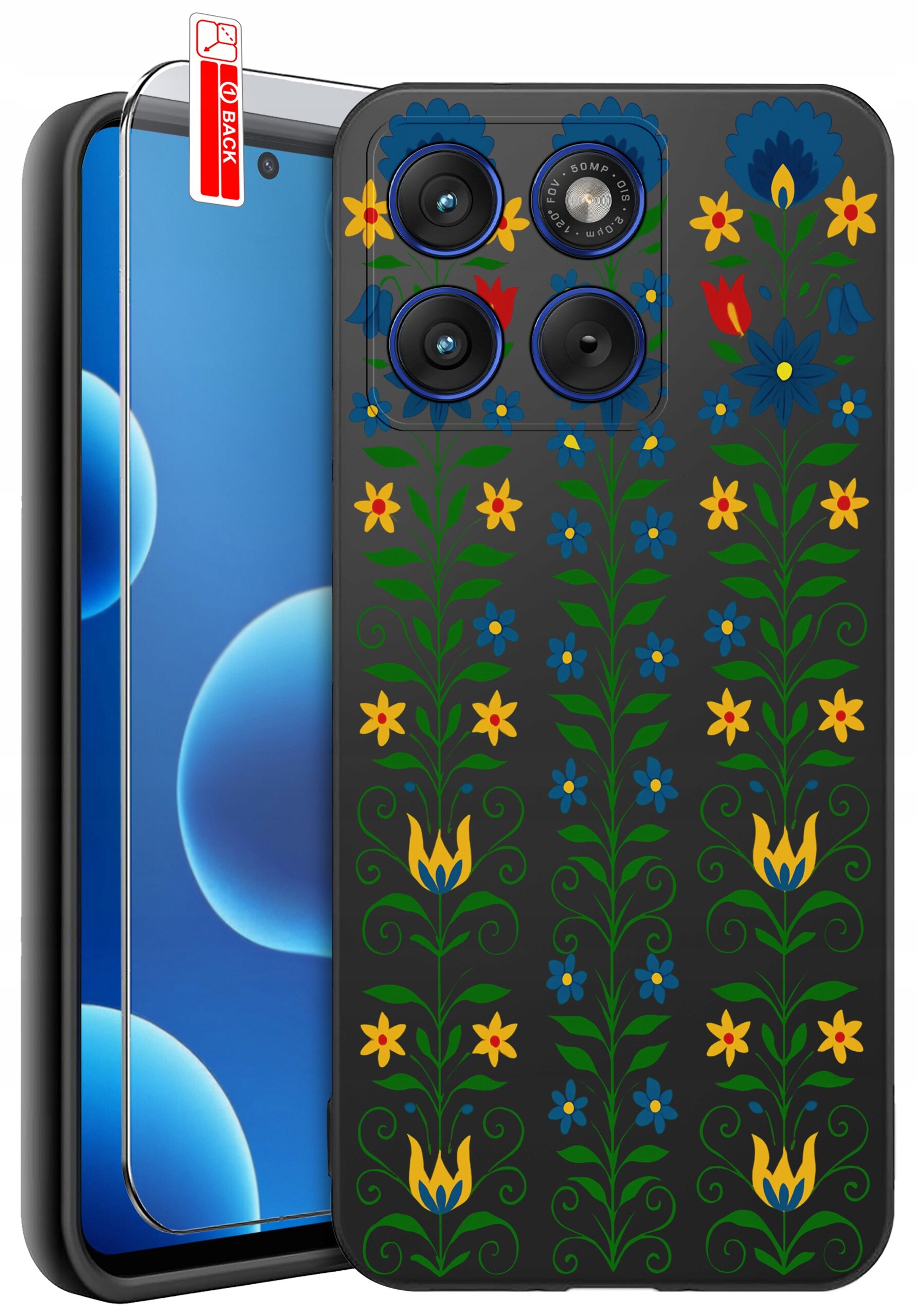 Etui na telefon z kolorowym, kwiatowym wzorem w odcieniach żółci, niebieskiego i zieleni. Obok etui znajduje się szkło ochronne z napisem \'BACK\'.