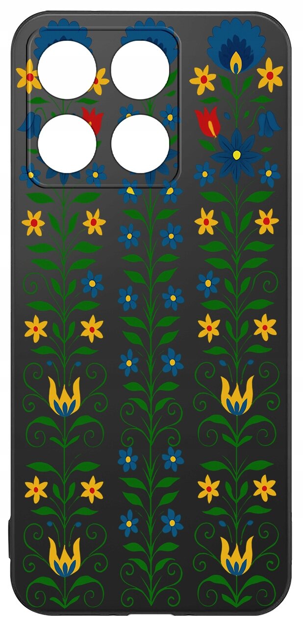 Etui na telefon z kolorowym, kwiatowym wzorem w odcieniach niebieskiego, żółtego i zielonego na ciemnym tle. W górnej części znajdują się cztery okrągłe wycięcia na aparat.