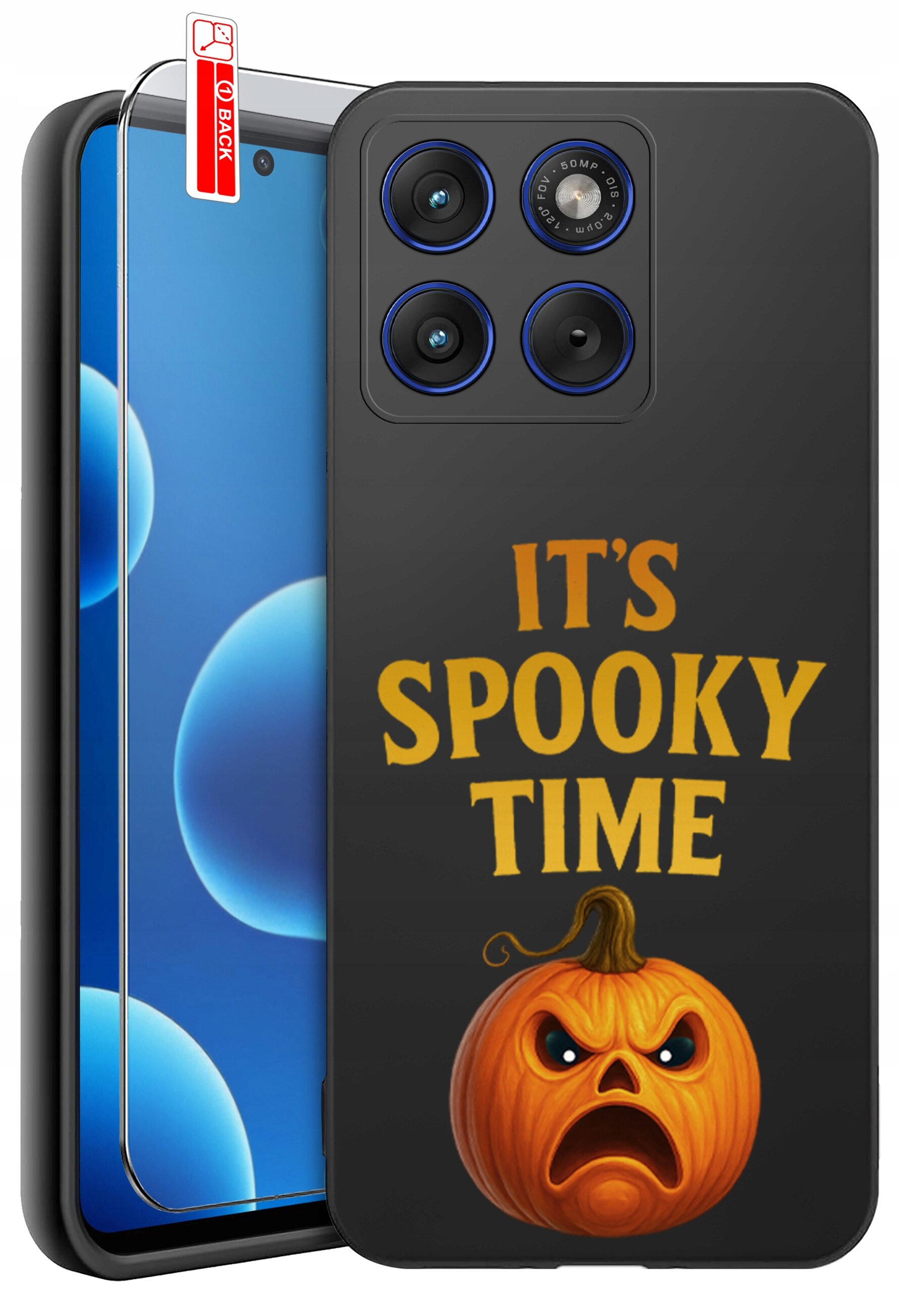 Obraz przedstawia silikonowe etui na telefon z napisem \'IT\'S SPOOKY TIME\' oraz grafiką dyni. Obok etui znajduje się szkło ochronne z oznaczeniem \'BACK\'.