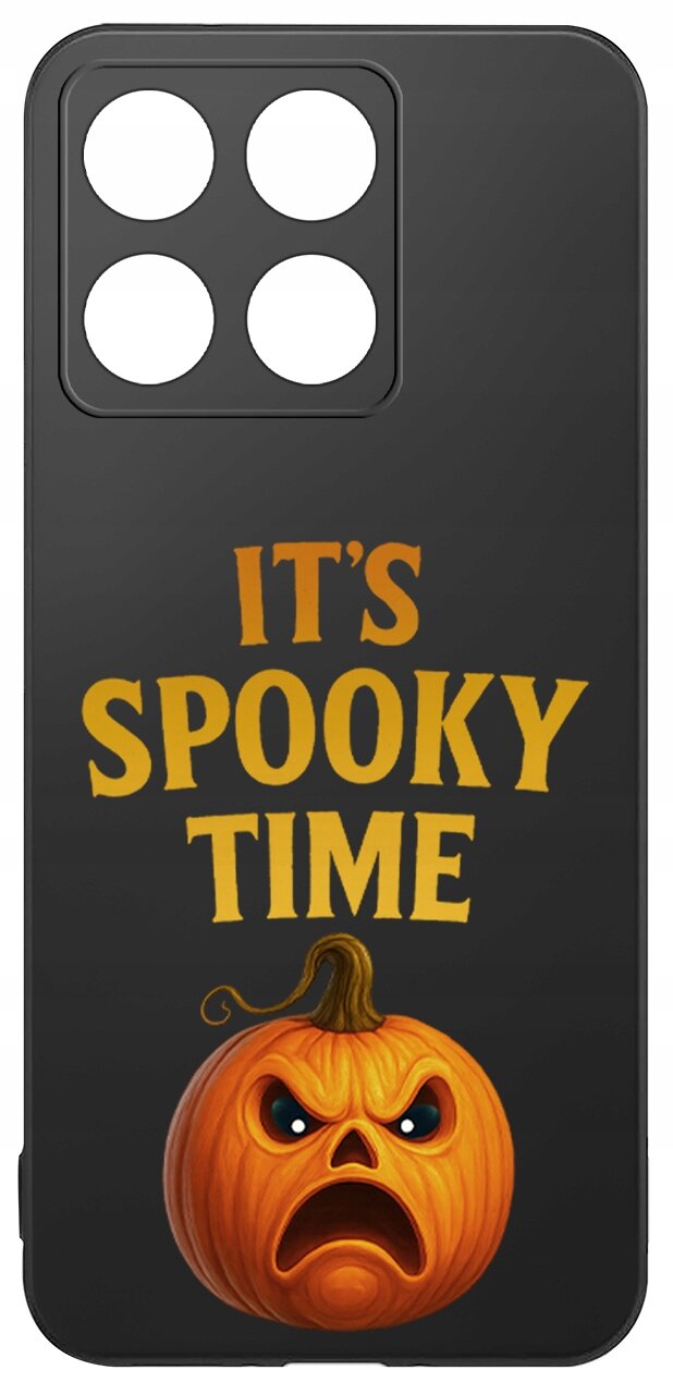Czarne etui z napisem \'IT\'S SPOOKY TIME\' w kolorze pomarańczowym oraz grafiką dyni z wyrazem twarzy wyrażającym zaskoczenie lub strach.