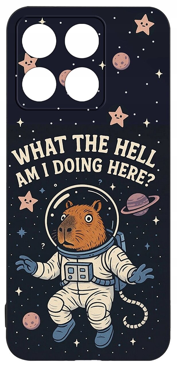 Etui z nadrukiem przedstawiającym zwierzę w skafandrze kosmicznym na tle gwiazd i planet, z napisem \'WHAT THE HELL AM I DOING HERE?\'.