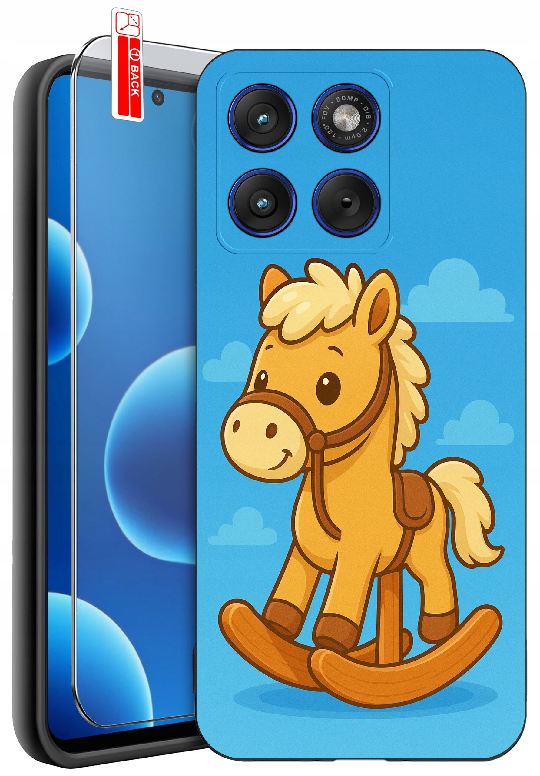 Etui na telefon z niebieskim tłem i grafiką konika na biegunach. Obok widoczna jest szybka ochronna z napisem \'BACK\'.