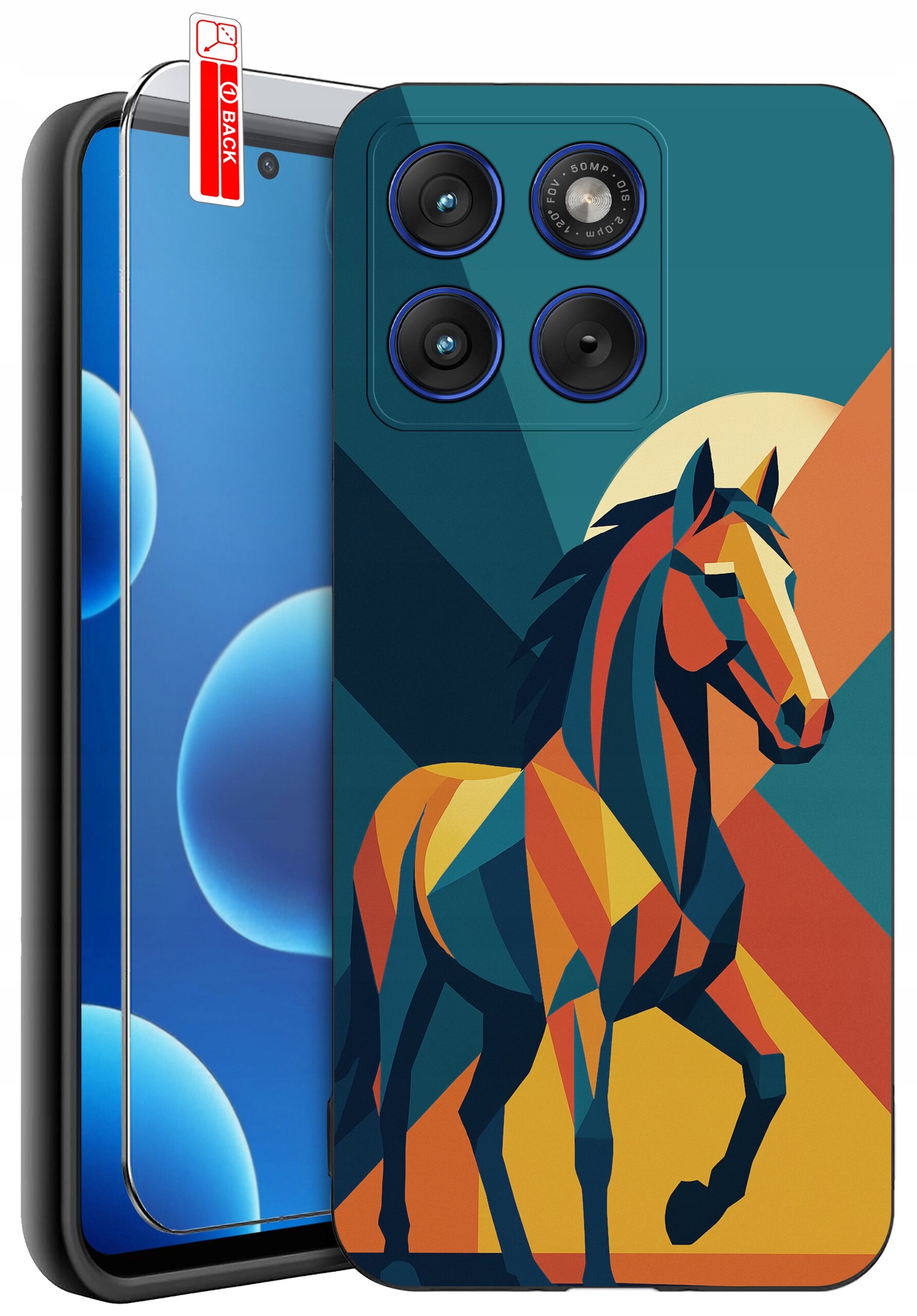 Etui na telefon z kolorowym, geometrycznym wzorem konia oraz szkło ochronne z napisem \'BACK\'.