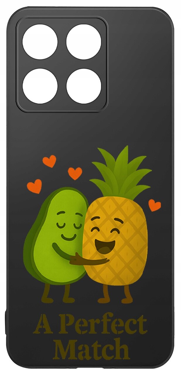 Czarne etui z grafiką przedstawiającą uśmiechnięte awokado i ananasa przytulające się, otoczone małymi serduszkami. Na dole widnieje napis \'A Perfect Match\'.