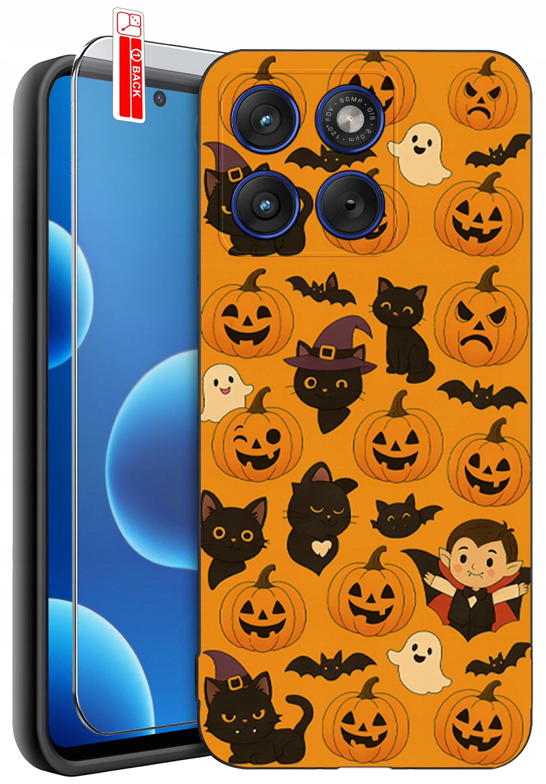 Etui na telefon z motywem Halloween, przedstawiające dynie, czarne koty, nietoperze, duchy i postać wampira na pomarańczowym tle. Obok etui znajduje się szkło ochronne z oznaczeniem \'BACK\'.