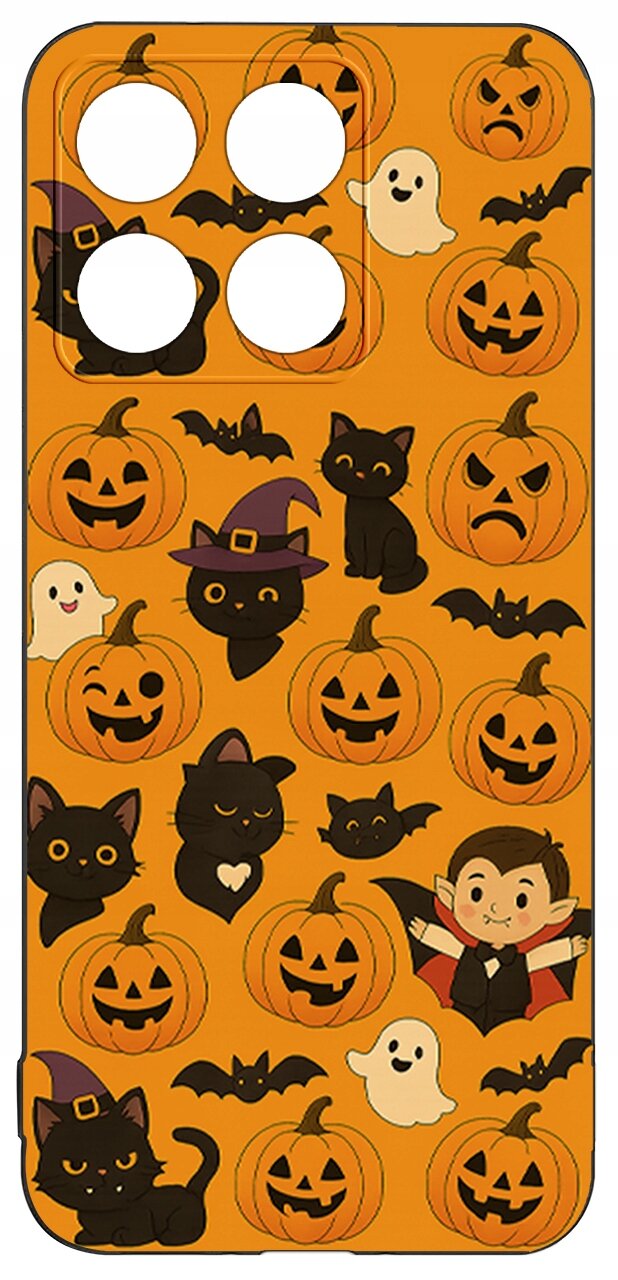Etui na telefon w kolorze pomarańczowym z motywami Halloween, w tym dyniami, czarnymi kotami, nietoperzami, duchami i postacią wampira.