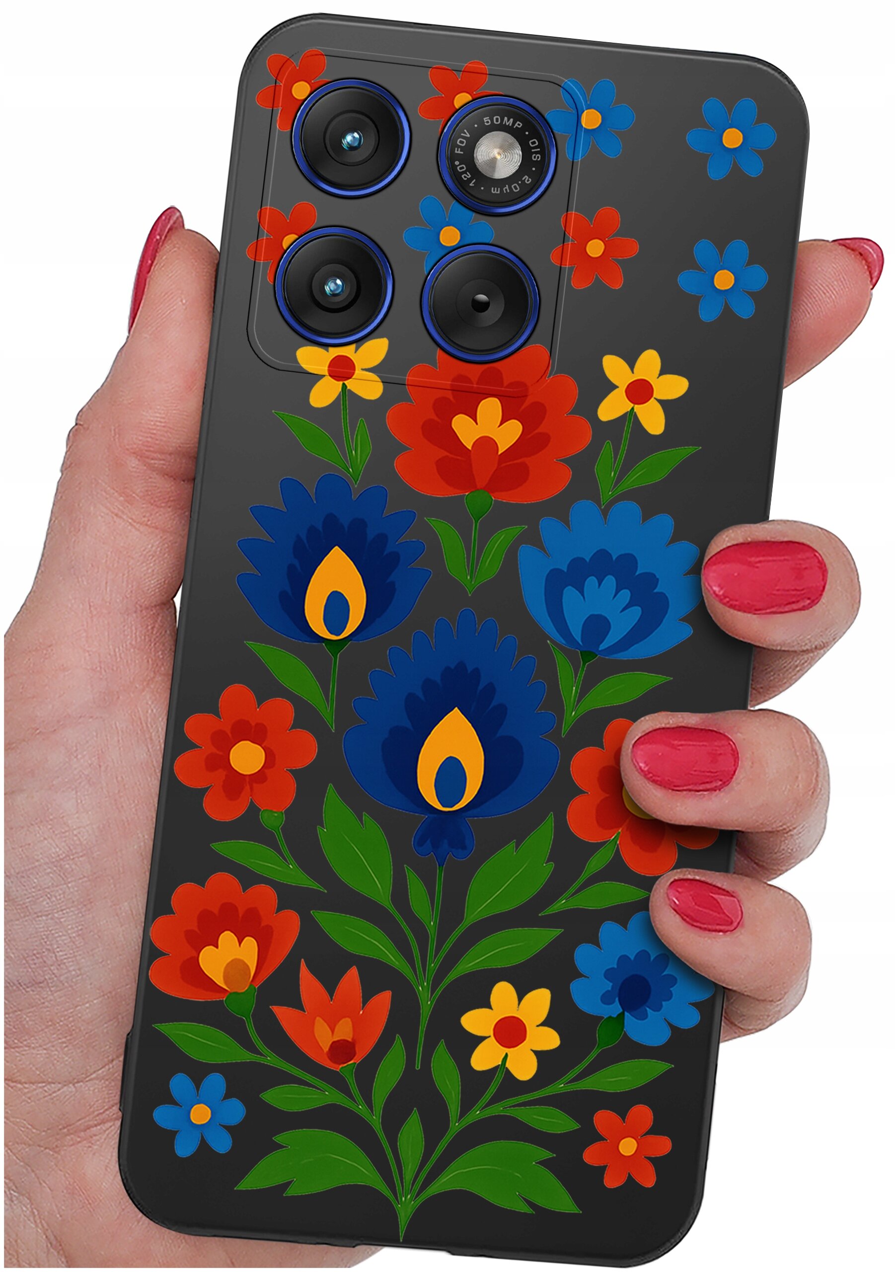 Etui na telefon z kolorowym wzorem kwiatowym, trzymane w dłoni z pomalowanymi na czerwono paznokciami. Widoczne są trzy obiektywy aparatu oraz napis \'108 MP\'.