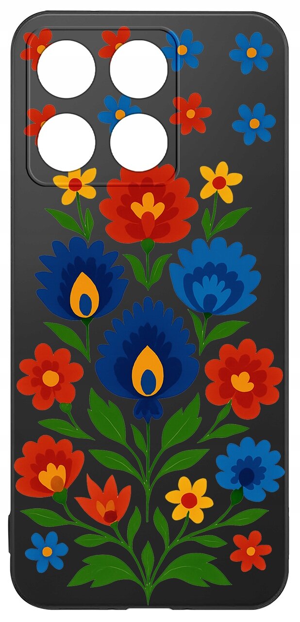 Etui na telefon z kolorowym, kwiatowym wzorem na czarnym tle, z wycięciami na cztery obiektywy aparatu.