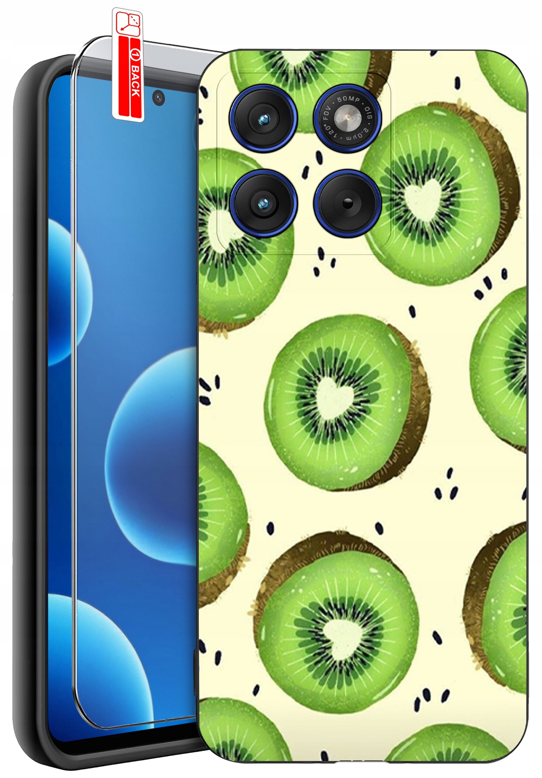 Etui na telefon z wzorem plasterków kiwi, z trzema widocznymi obiektywami aparatu. Obok znajduje się szkło ochronne z etykietą \'BACK\'.