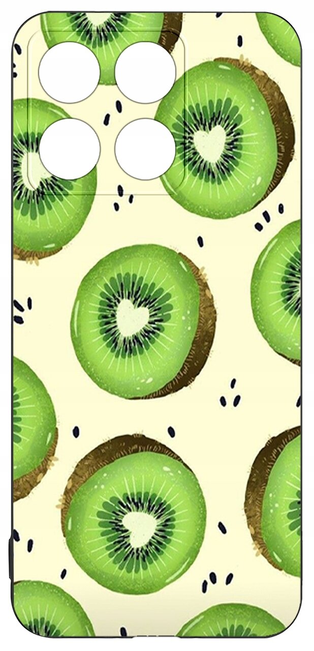Etui na telefon z wzorem przedstawiającym plasterki kiwi na jasnym tle. Etui ma wycięcia na aparat i inne elementy telefonu.