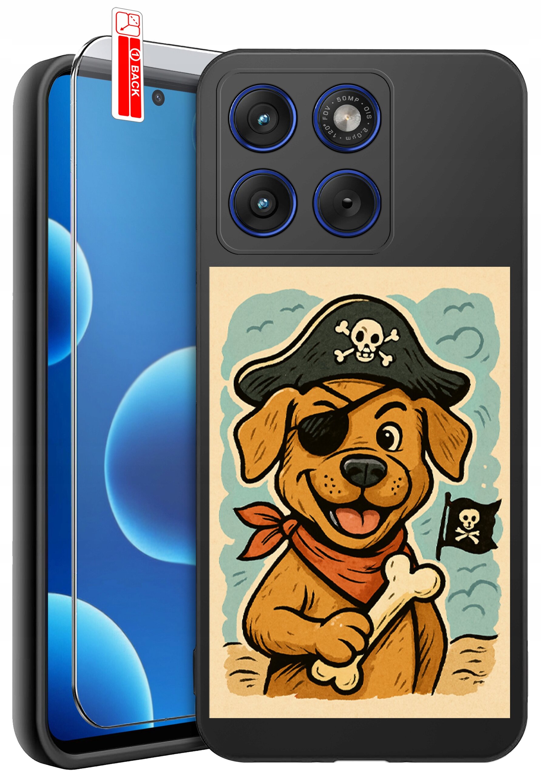Etui na telefon z nadrukiem psa pirata trzymającego kość, z opaską na oku i kapeluszem z czaszką. Obok etui znajduje się szkło ochronne z oznaczeniem \'BACK\'.