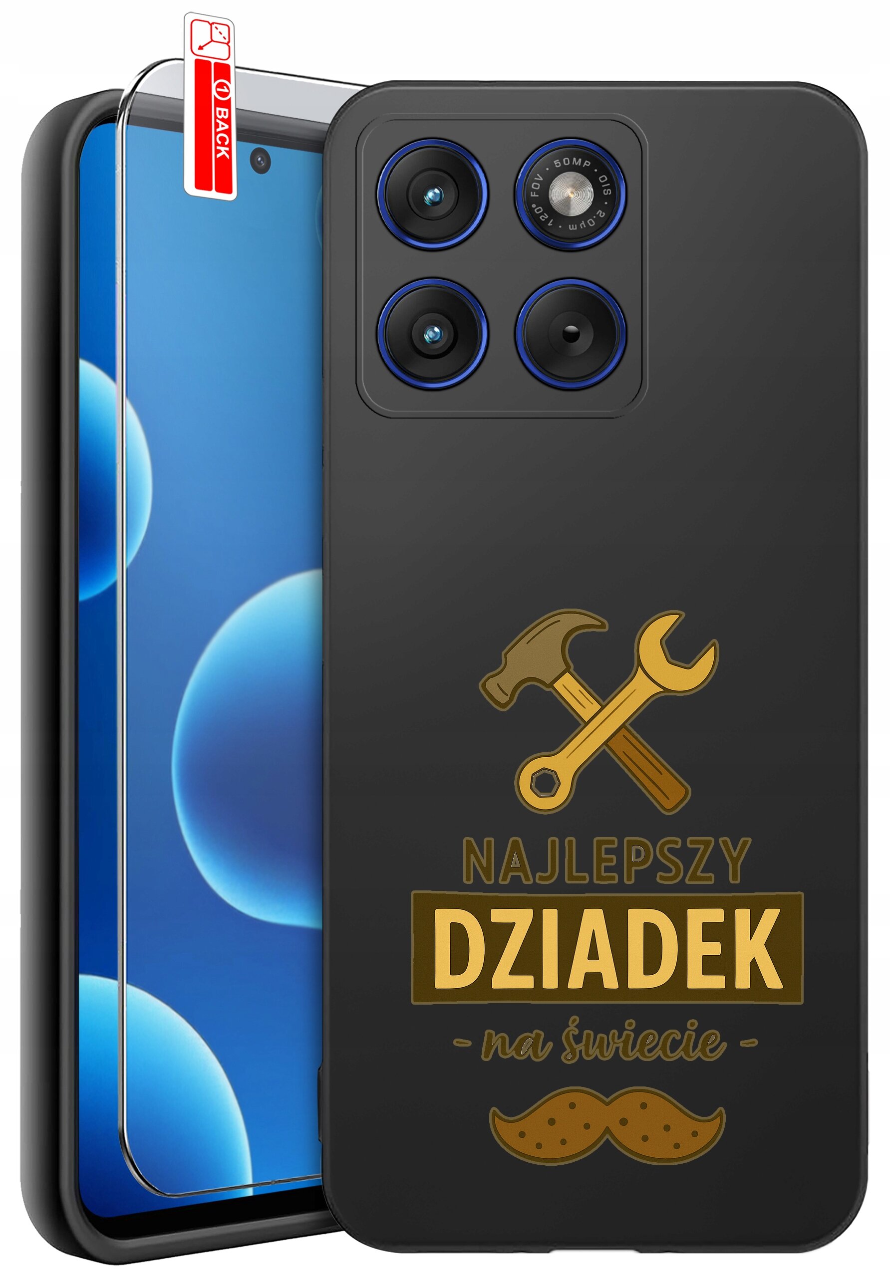 Czarne etui na telefon z grafiką młotka i klucza oraz napisem \'NAJLEPSZY DZIADZEK na świecie\'. Obok etui znajduje się szkło ochronne z oznaczeniem \'BACK\'.