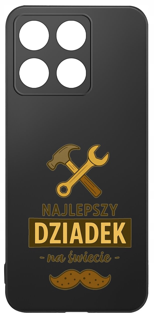 Czarne etui z grafiką przedstawiającą skrzyżowane narzędzia: młotek i klucz, oraz napisem \'NAJLEPSZY DZIADEK na świecie\'.