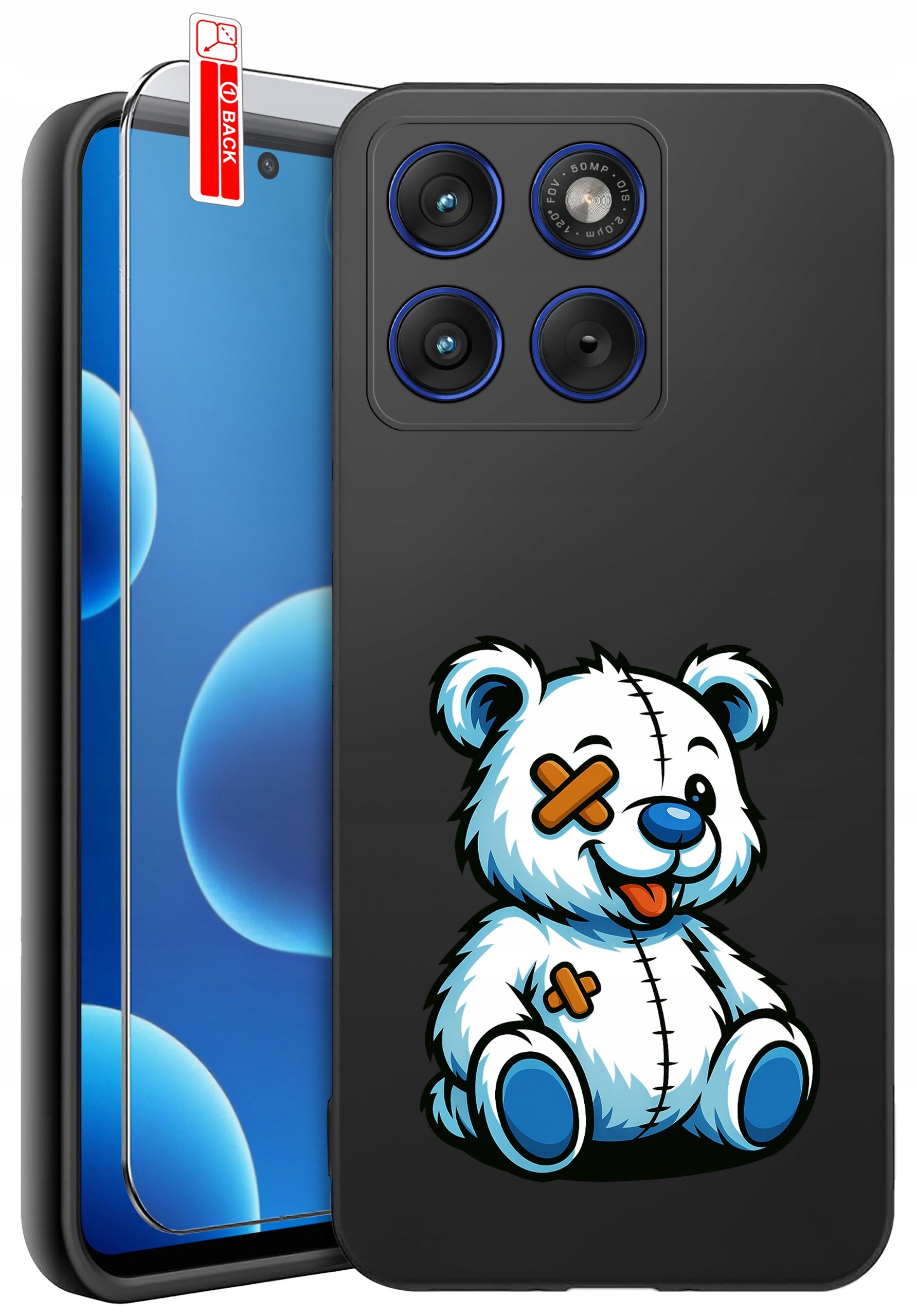 Czarne etui na telefon z nadrukiem białego misia z łatkami, obok szkło ochronne z napisem \'BACK\'.