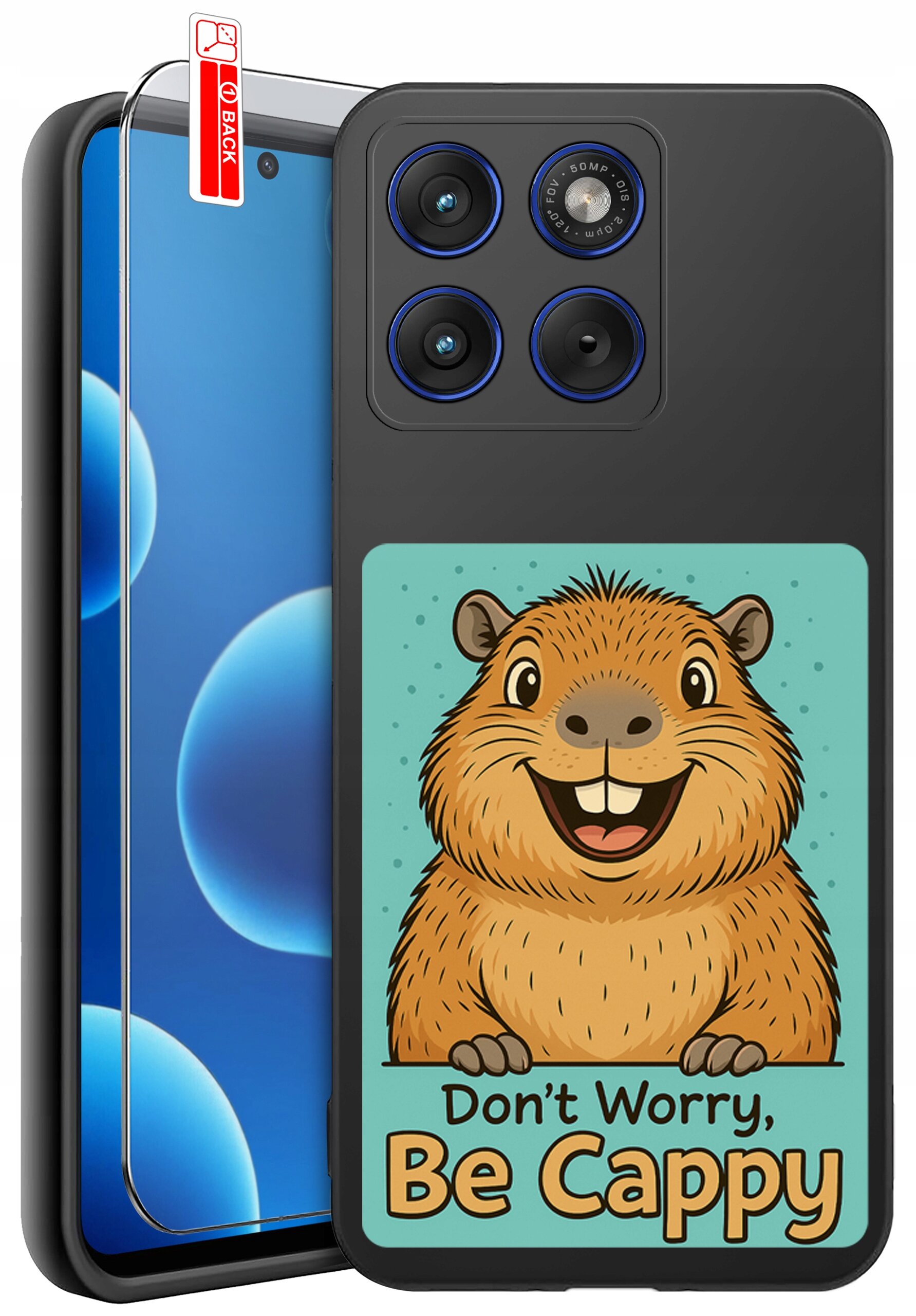Etui na telefon z grafiką przedstawiającą uśmiechniętą kapibarę i napisem \'Don\'t Worry, Be Cappy\'. Obok etui znajduje się szkło ochronne z oznaczeniem \'BACK\'.