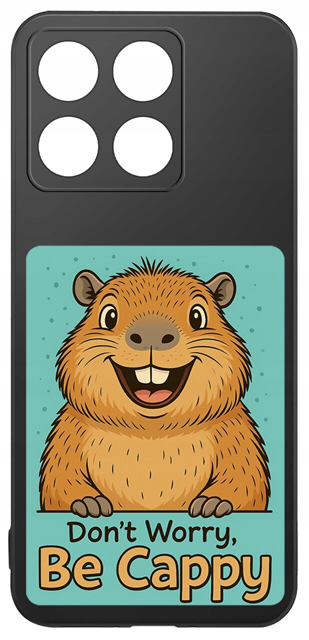 Etui na telefon z grafiką uśmiechniętej kapibary na niebieskim tle oraz napisem \'Don\'t Worry, Be Cappy\'.