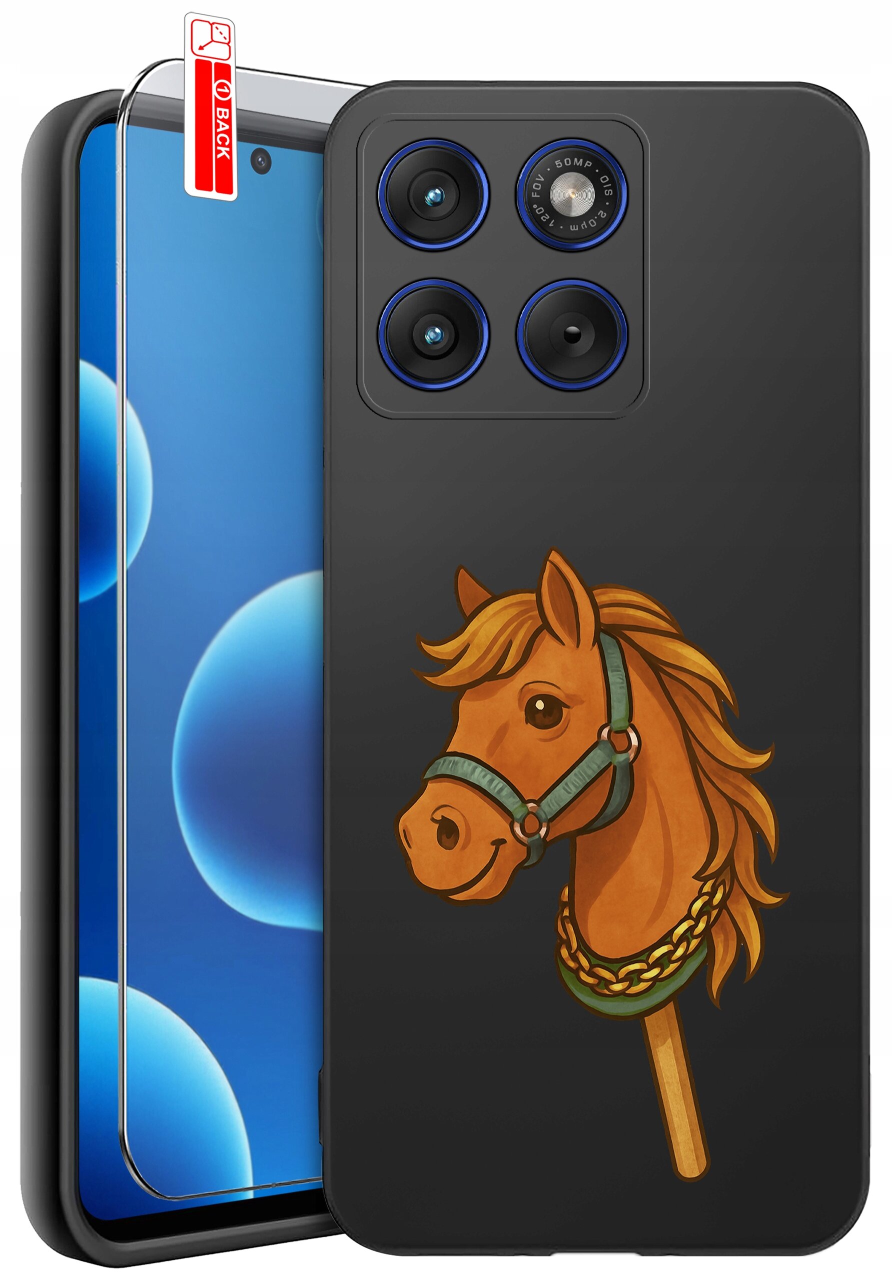 Czarne etui na telefon z nadrukiem głowy konia w uprzęży. Obok znajduje się szkło ochronne z oznaczeniem \'BACK\'.