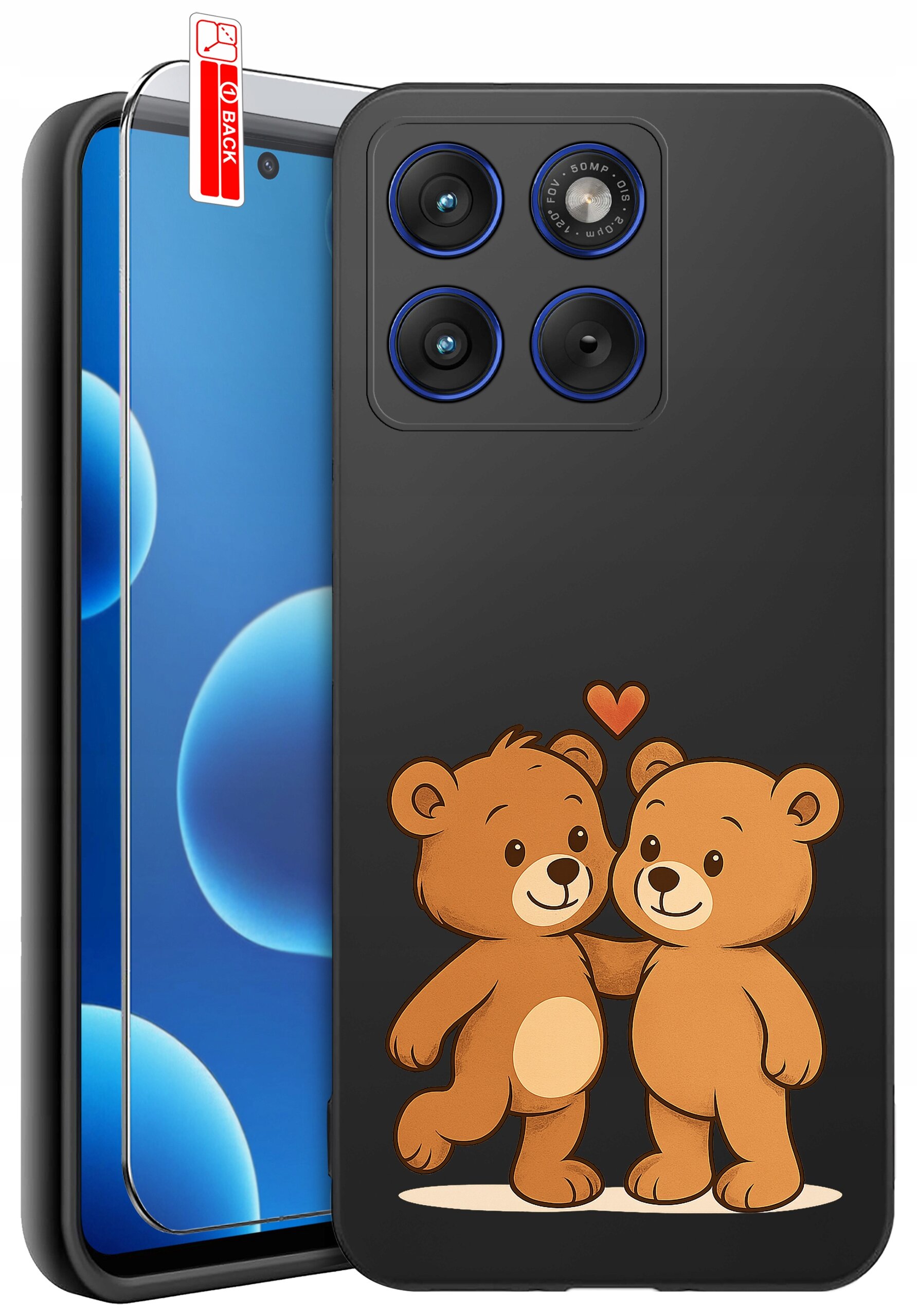 Czarne etui na telefon z grafiką dwóch uśmiechniętych misiów i sercem nad nimi. Obok znajduje się szkło ochronne z naklejką \'BACK\'.