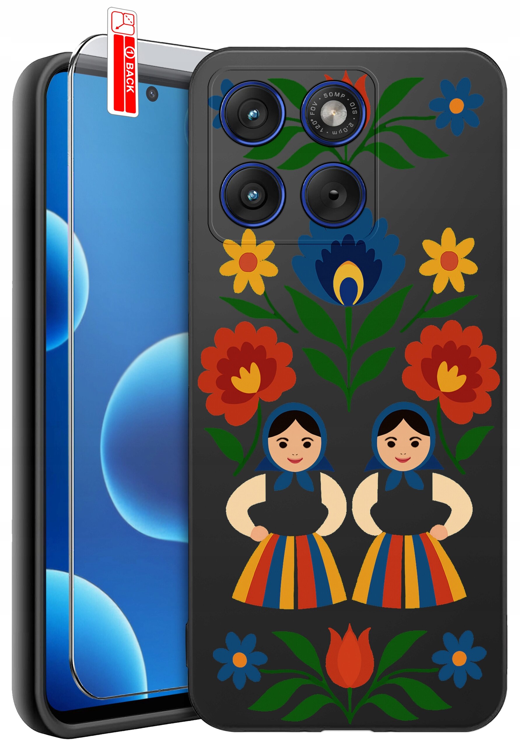 Etui na telefon z kolorowym wzorem ludowym przedstawiającym kwiaty i postacie w tradycyjnych strojach. Obok etui znajduje się szkło ochronne z oznaczeniem \'BACK\'.