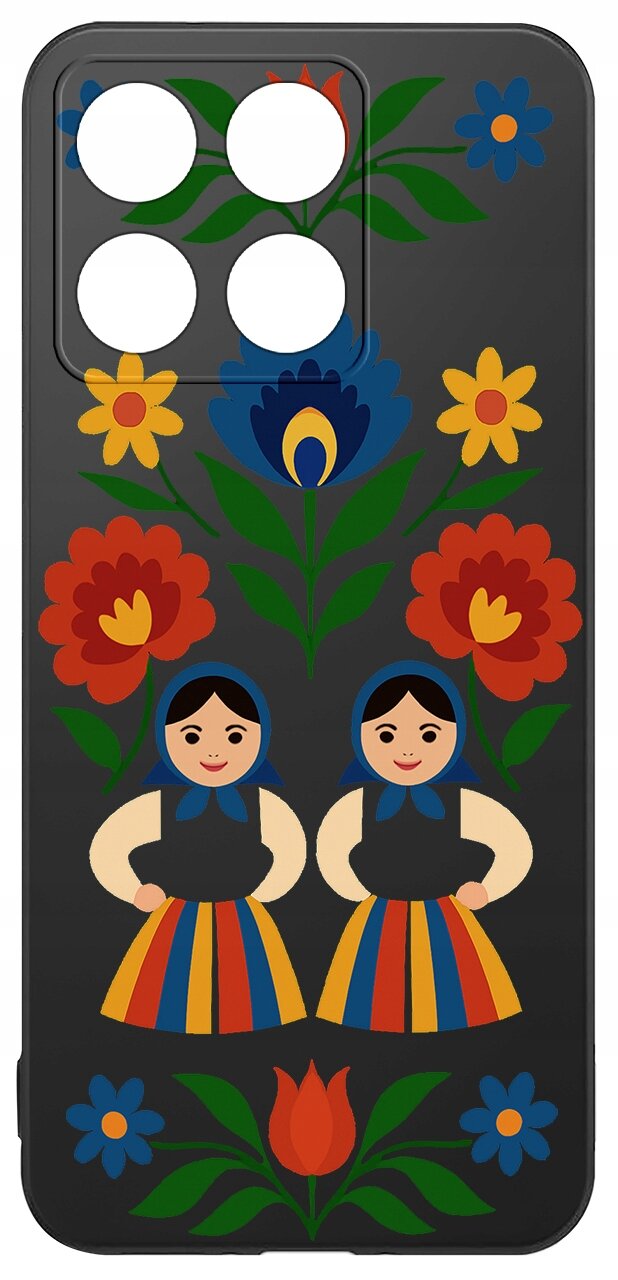 Etui na telefon z kolorowym wzorem ludowym, przedstawiającym dwie postacie w tradycyjnych strojach oraz kwiatowe motywy.