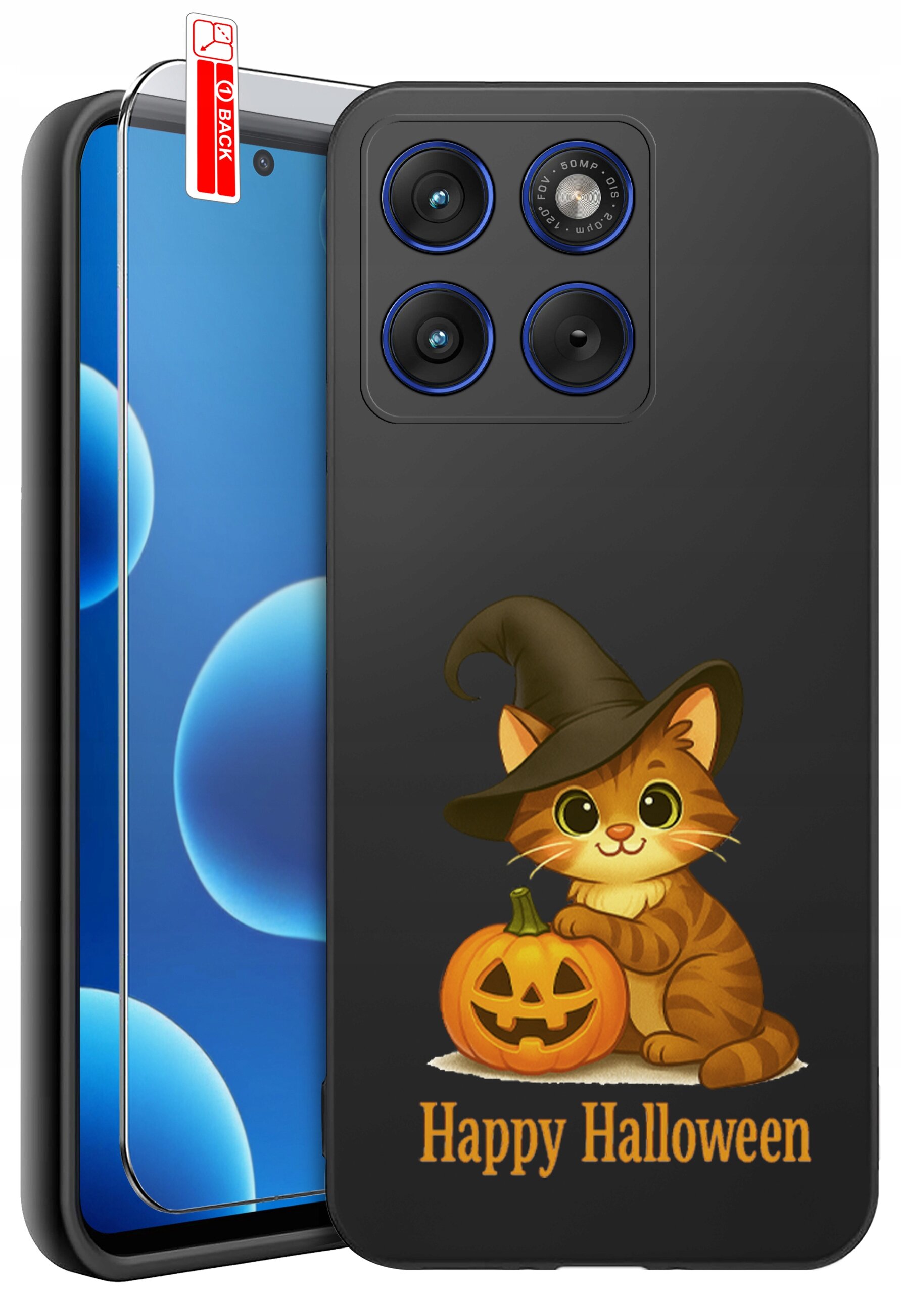 Etui na telefon z grafiką kota w kapeluszu czarownicy obok dyni oraz napisem \'Happy Halloween\'. Obok etui znajduje się szkło ochronne z oznaczeniem \'BACK\'.