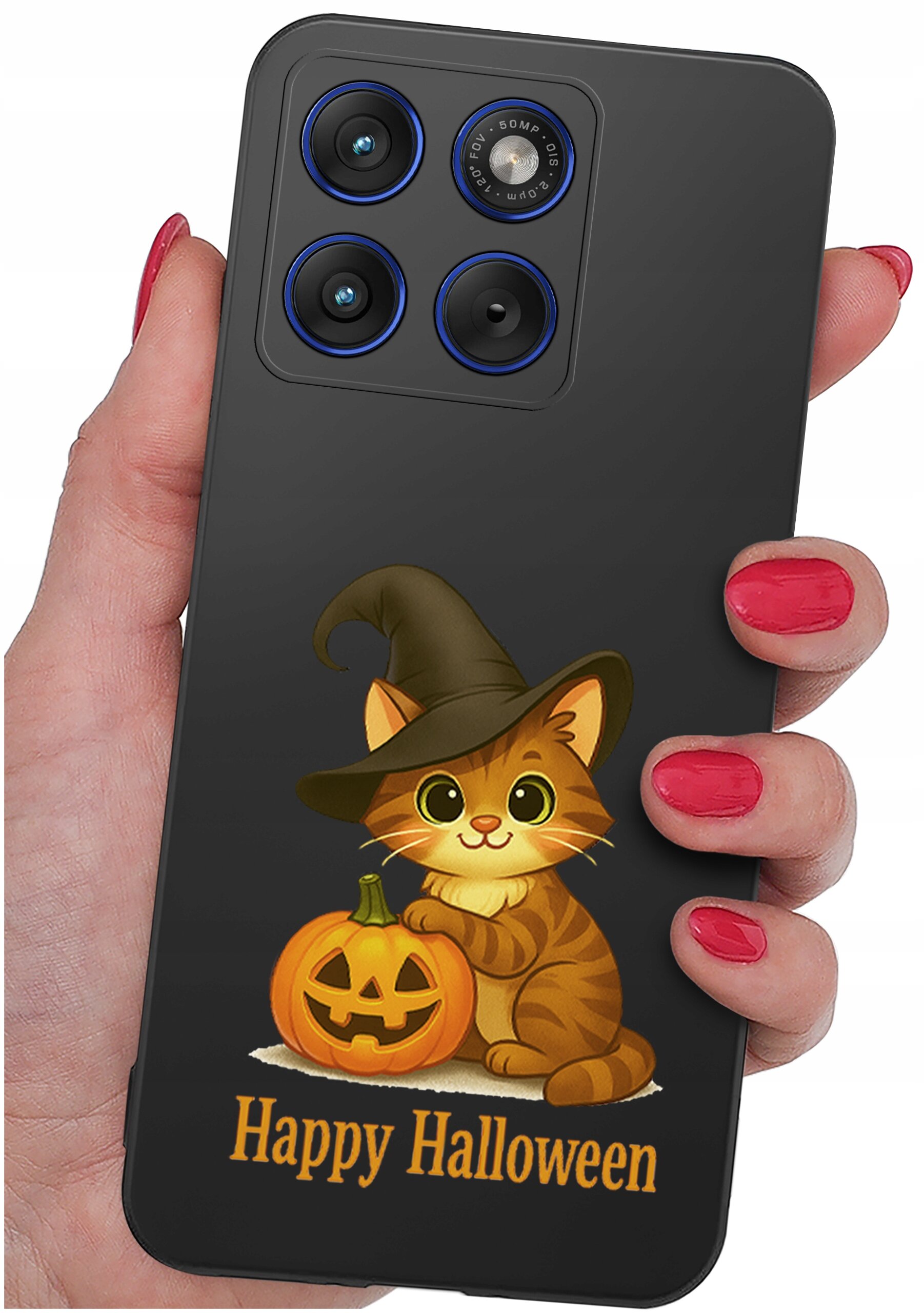 Etui na telefon z grafiką kota w kapeluszu czarownicy obok dyni oraz napisem \'Happy Halloween\'.