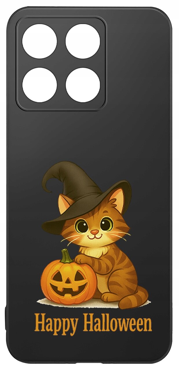 Czarne etui z grafiką kota w kapeluszu czarownicy, trzymającego dynię z wyciętym uśmiechem. Na dole widnieje napis \'Happy Halloween\'.