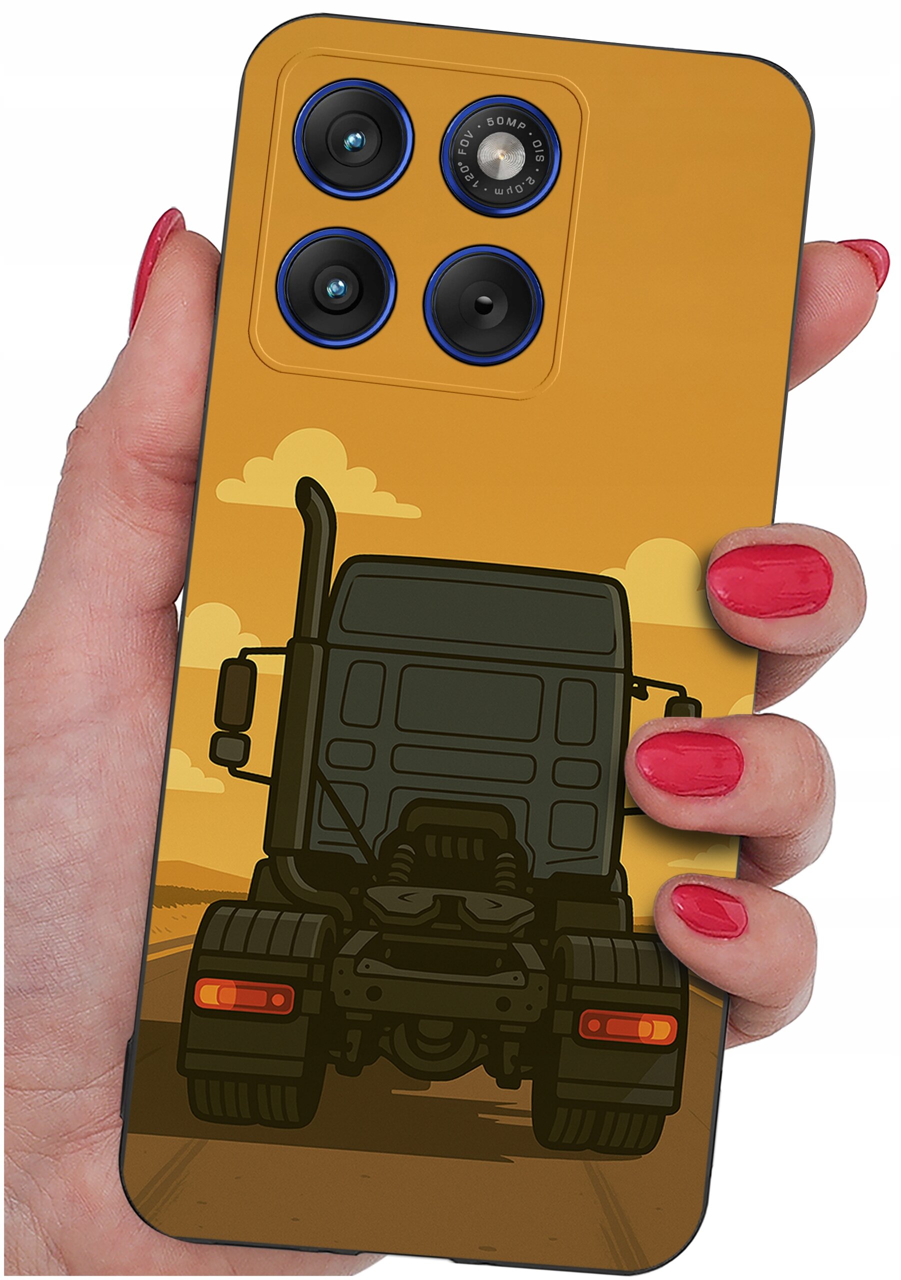 Etui na telefon z grafiką przedstawiającą ciężarówkę na tle pomarańczowego nieba z chmurami. Etui trzymane jest w dłoni z pomalowanymi na czerwono paznokciami.