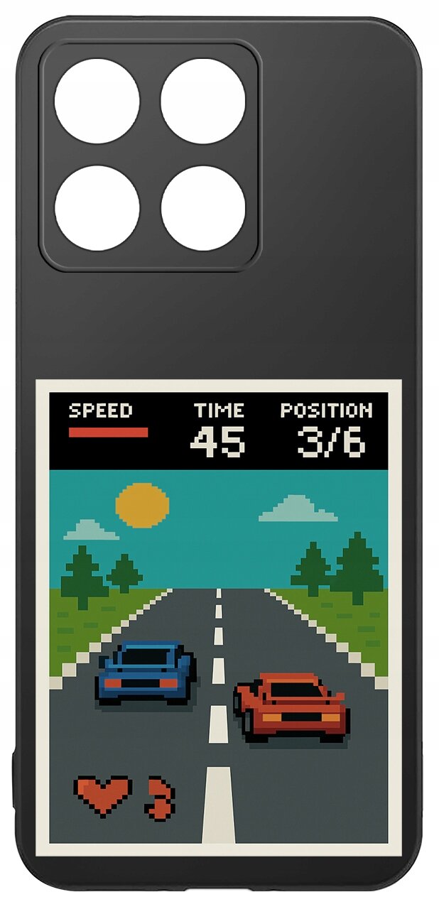 Etui na telefon z grafiką w stylu retro przedstawiającą wyścig samochodowy. Widoczny jest ekran z napisami: \'SPEED\', \'TIME 45\', \'POSITION 3/6\'.