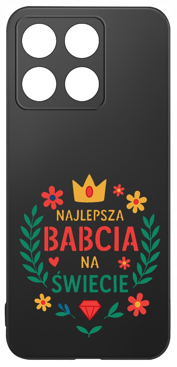 Czarne etui na telefon z kolorowym napisem \'NAJLEPSZA BABCIA NA ŚWIECIE\' oraz ozdobami w postaci kwiatów, liści, korony i diamentu.