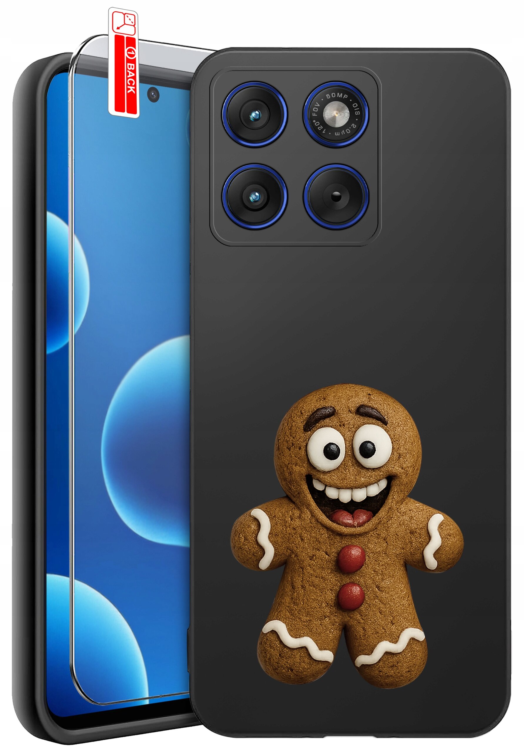 Czarne etui na telefon z nadrukiem uśmiechniętego piernika oraz trzema wycięciami na aparaty. Obok znajduje się szkło ochronne z czerwoną naklejką \'BACK\'.