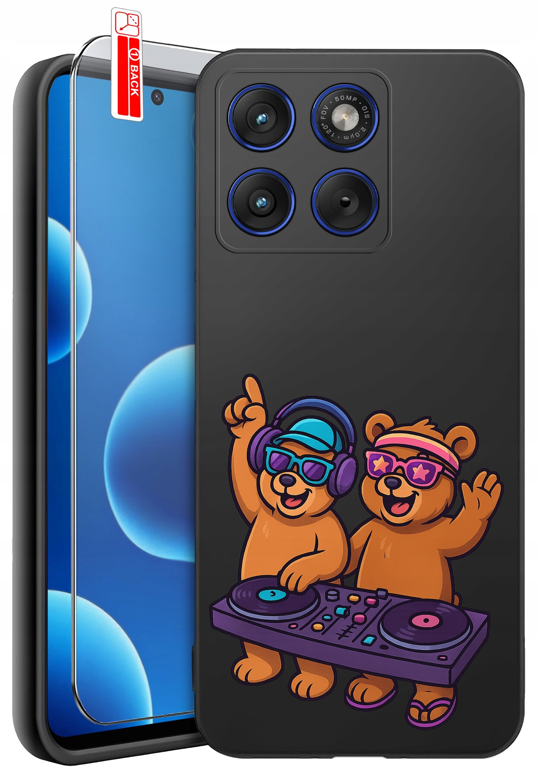 Etui na telefon z grafiką dwóch niedźwiedzi w okularach i słuchawkach, stojących przy konsoli DJ. Obok znajduje się szkło ochronne z napisem \'BACK\'.