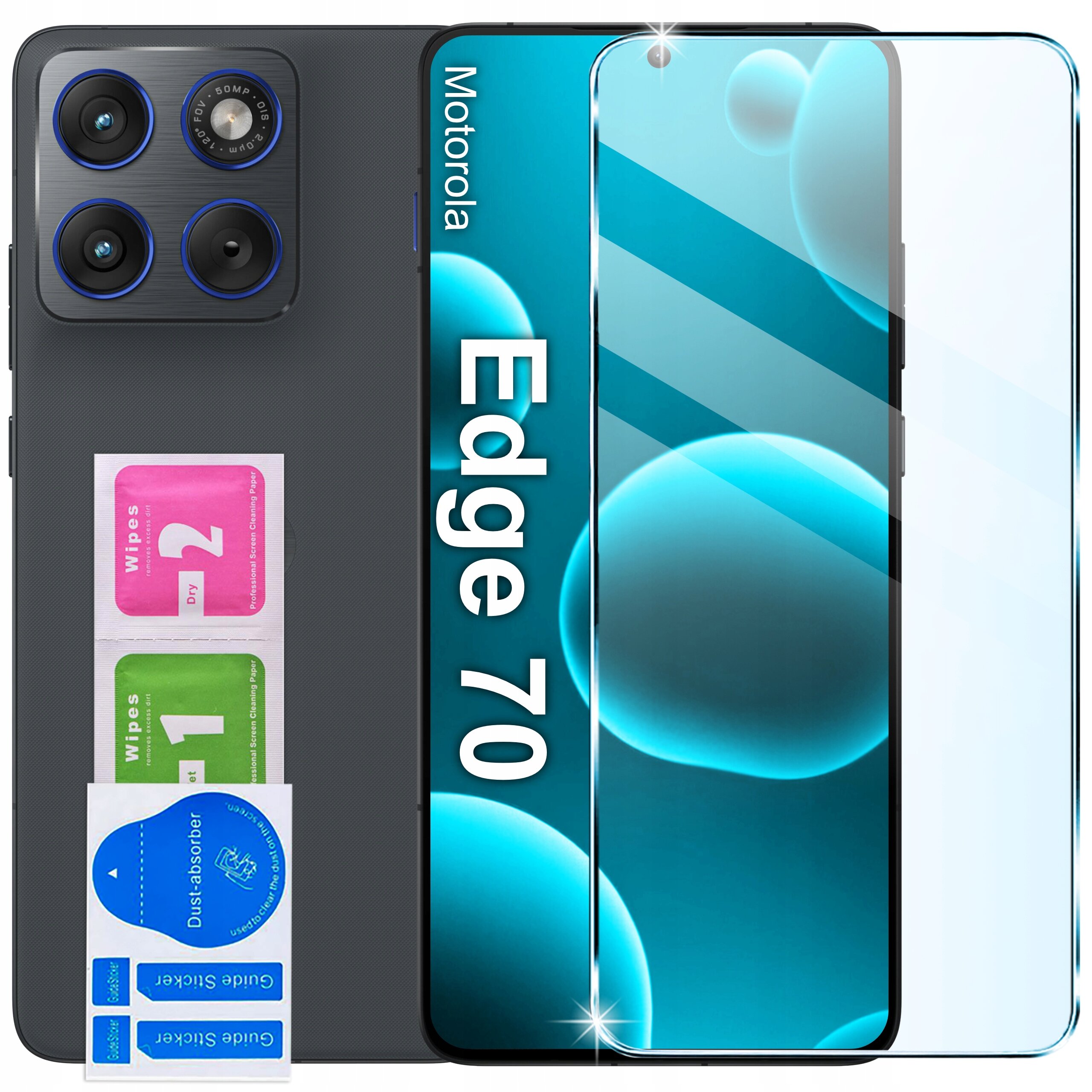 Obraz przedstawia etui do telefonu Motorola Edge 70 oraz szkło ochronne. Widoczne są również trzy obiektywy aparatu oraz zestaw ściereczek do czyszczenia oznaczonych jako \'Wipes 1\' i \'Wipes 2\'.