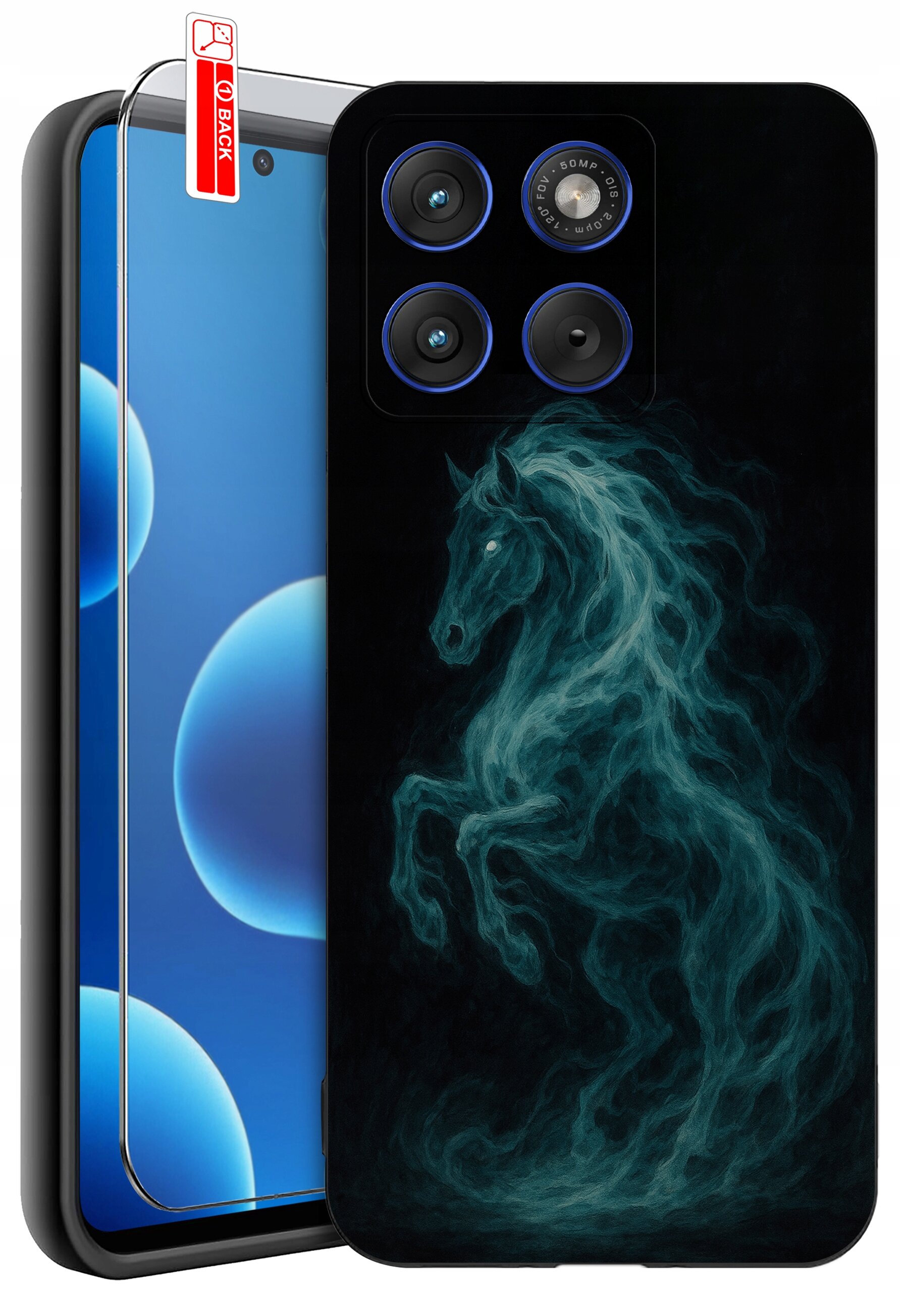 Etui na telefon z grafiką przedstawiającą konia w stylu dymu, obok widoczny jest ekran telefonu z niebieskimi bąbelkami. Na etui znajdują się trzy otwory na aparaty oraz napis \'BACK\'.