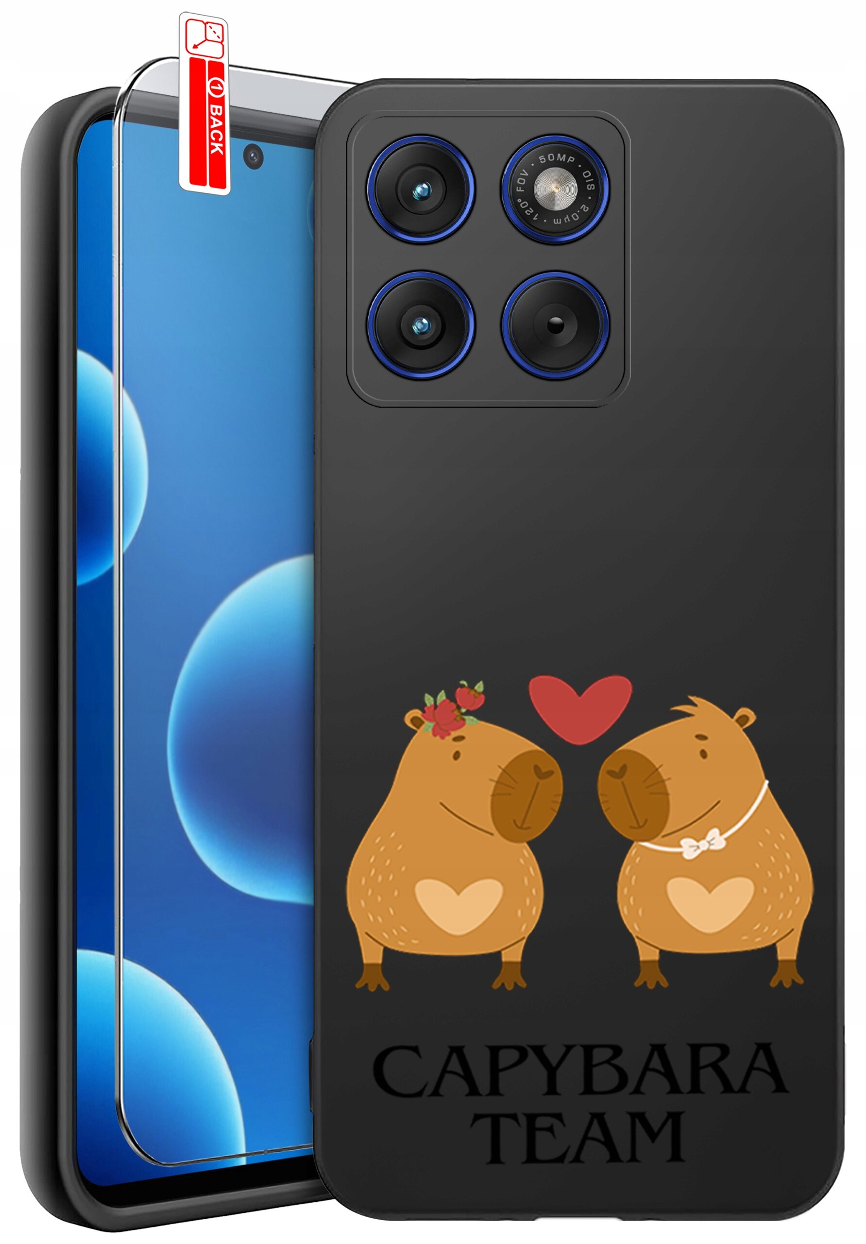Czarne etui na telefon z grafiką dwóch kapibar z sercem pomiędzy nimi i napisem \'CAPYBARA TEAM\'. Obok etui znajduje się szkło ochronne z oznaczeniem \'BACK\'.