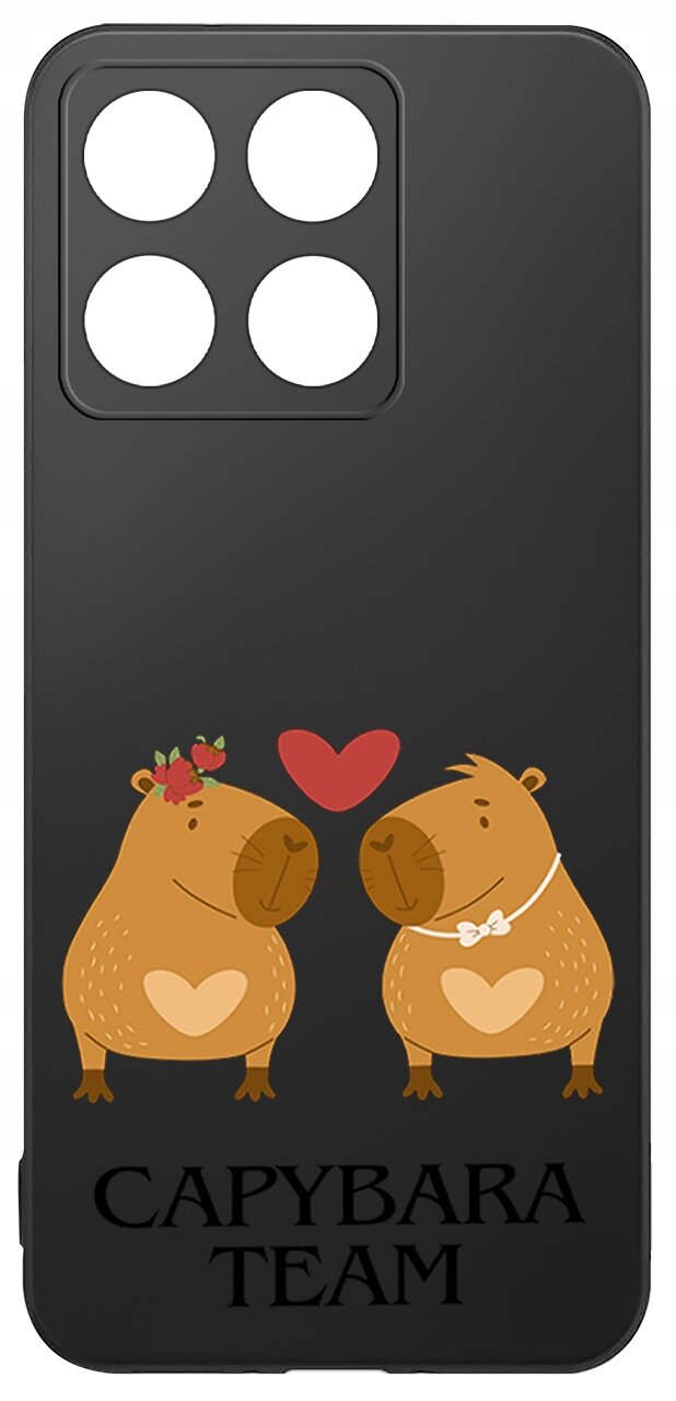 Czarne etui z grafiką dwóch kapibar z sercami na brzuchach, nad którymi unosi się czerwone serce. Na dole widnieje napis \'CAPYBARA TEAM\'.