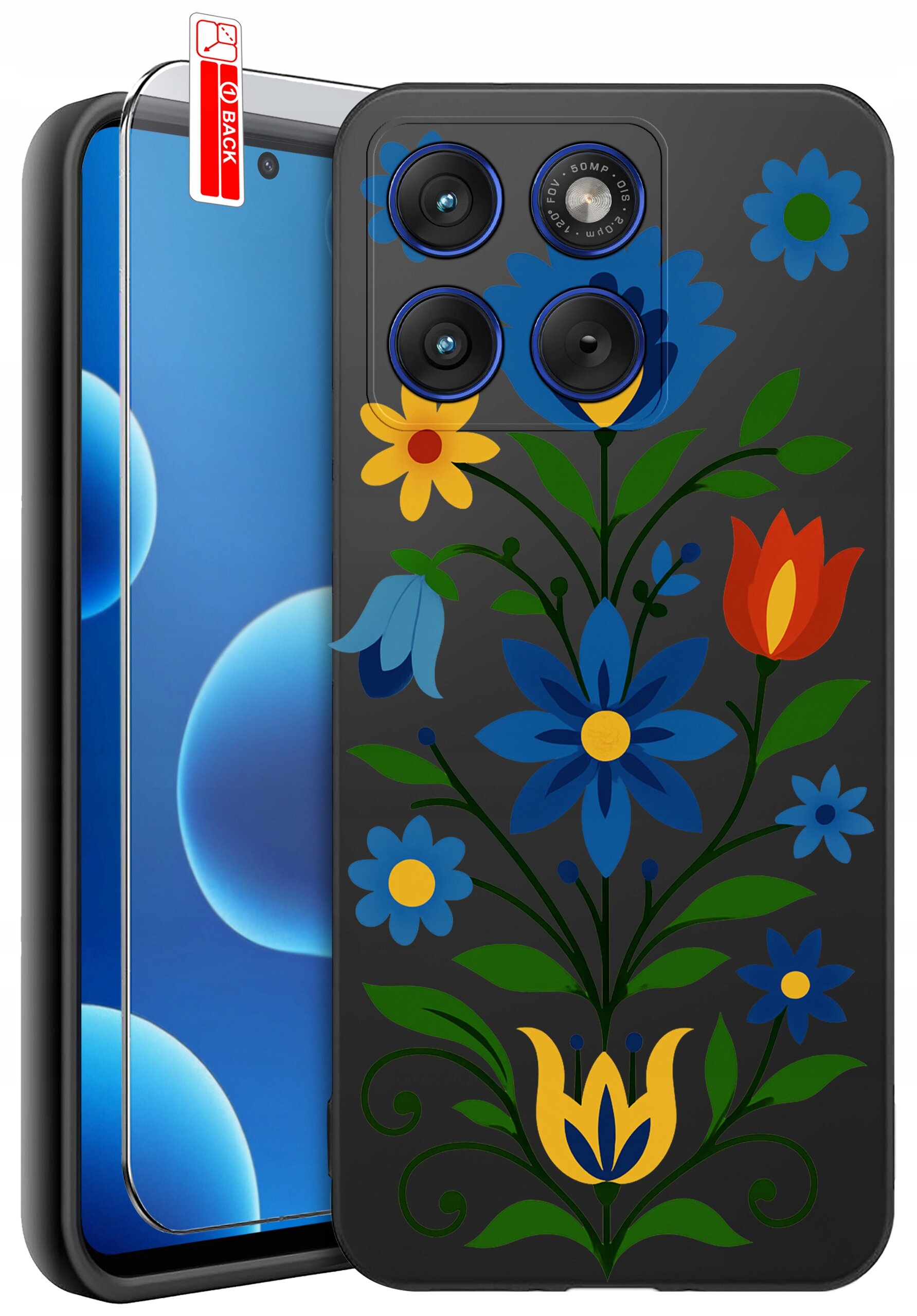 Etui na telefon z kolorowym wzorem kwiatowym, w zestawie z ochronnym szkłem 9H. Na etui widoczne są niebieskie, czerwone i żółte kwiaty na czarnym tle.